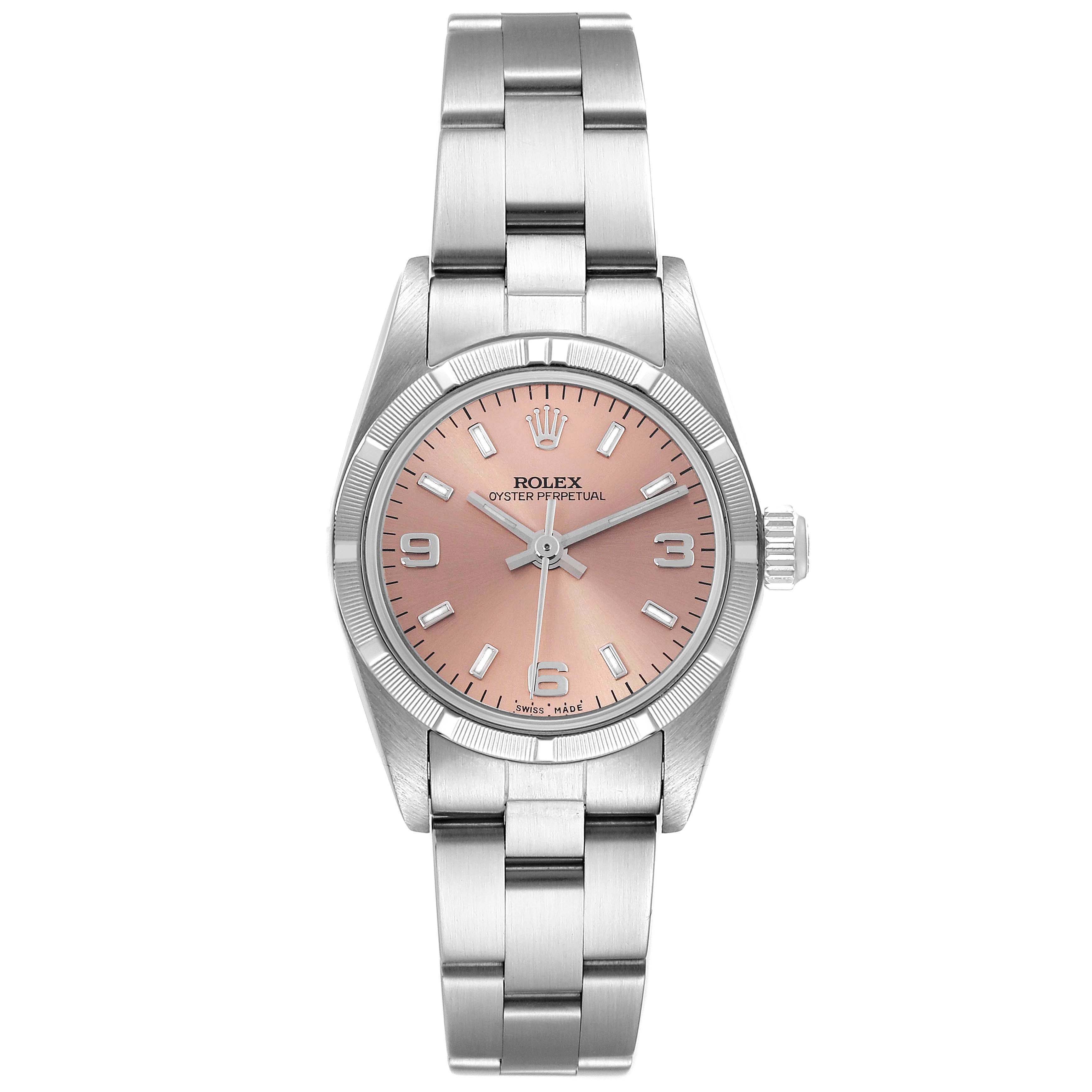 The Rolex Oyster Perpetual 76030 Women's Stainless Steel Pink Dial 76030 Women's Stainless Steel Pink Dial watch is shown from a front angle, displaying the dial, bezel, bracelet, and crown.
