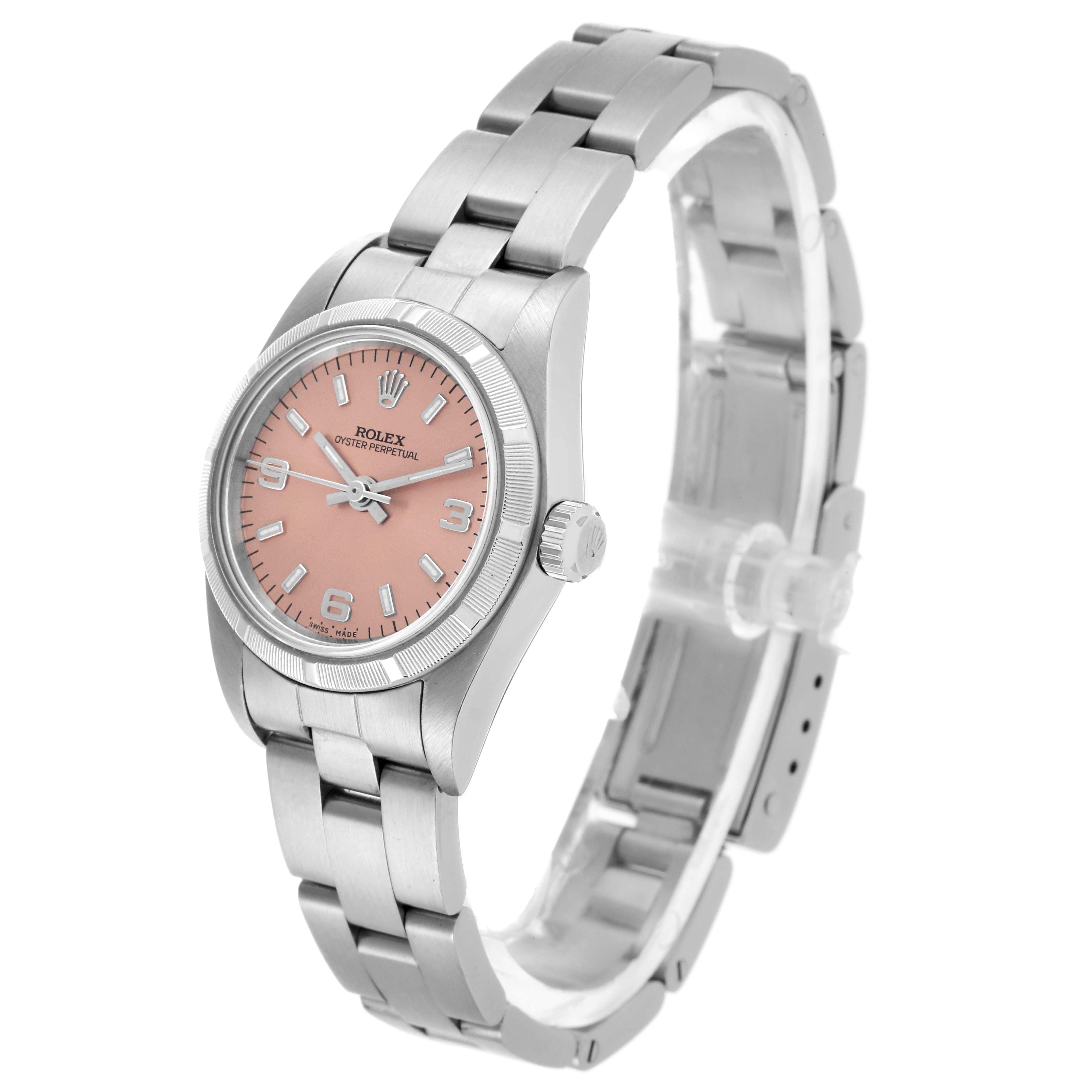 The Rolex Oyster Perpetual 76030 Women's Stainless Steel Pink Dial 76030 Women's Stainless Steel Pink Dial watch is shown at a three-quarter angle, displaying the face, bezel, crown, and bracelet.