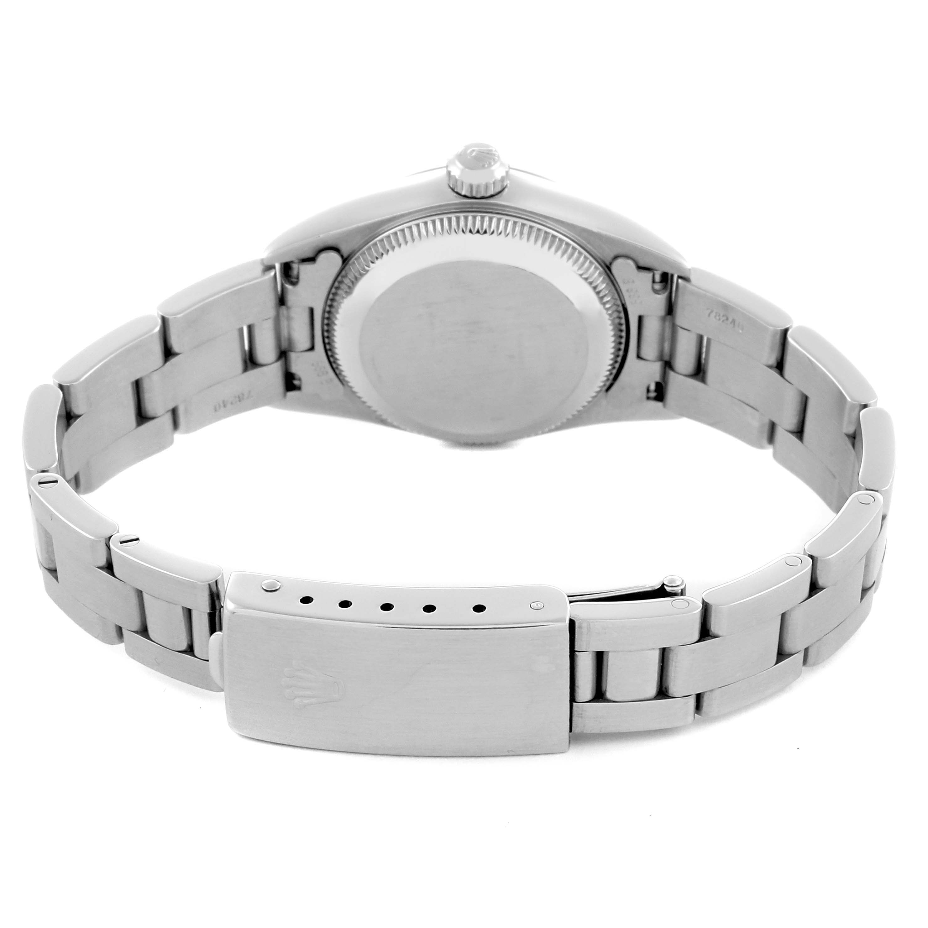 The Rolex Oyster Perpetual 76030 Women's Stainless Steel Pink Dial 76030 Women's Stainless Steel Pink Dial watch is shown from the back, highlighting the case back, bracelet, and clasp.