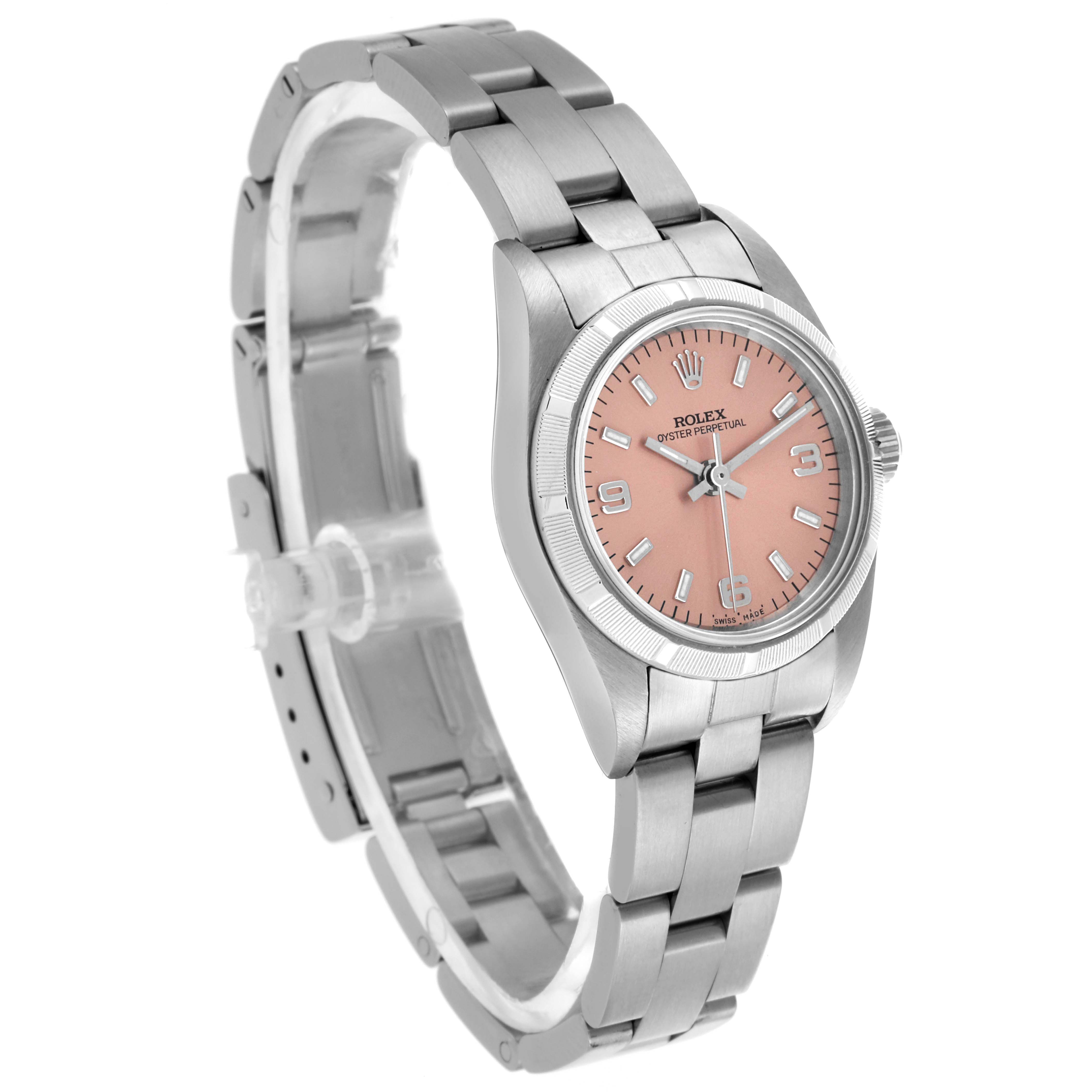 The image shows a Rolex Oyster Perpetual 76030 Women's Stainless Steel Pink Dial 76030 Women's Stainless Steel Pink Dial watch at a slight angle, highlighting its face, bezel, and bracelet.