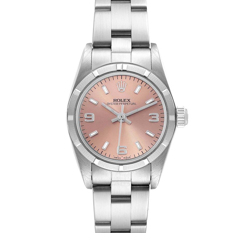 The Rolex Oyster Perpetual watch is shown from a top-down angle, displaying the full dial, bezel, and part of the bracelet.