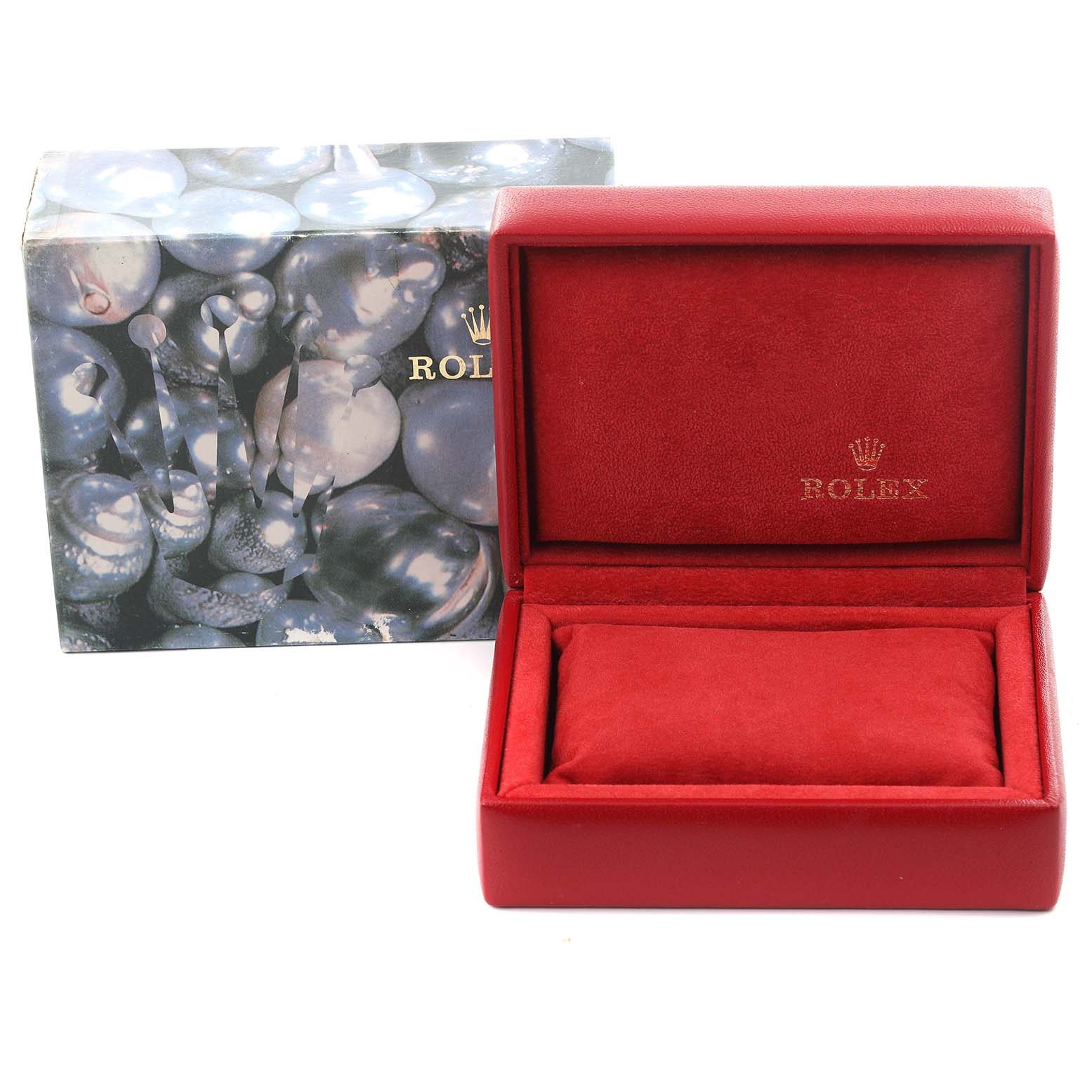 The image shows a Rolex Oyster Perpetual 76030 Women's Stainless Steel Pink Dial 76030 Women's Stainless Steel Pink Dial watch box, open at an angle, with a matching cushion inside.