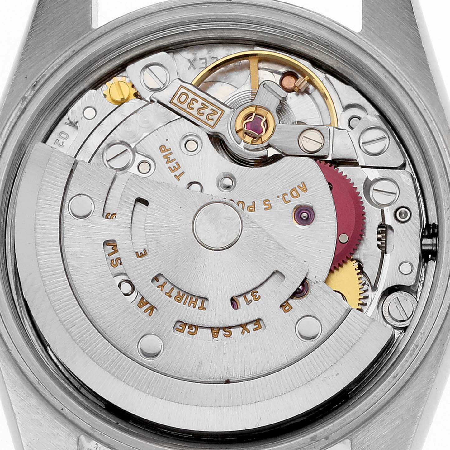 The image shows the movement mechanism of a Rolex Oyster Perpetual 76030 Women's Stainless Steel Pink Dial 76030 Women's Stainless Steel Pink Dial from a top view, highlighting its intricate internal components.