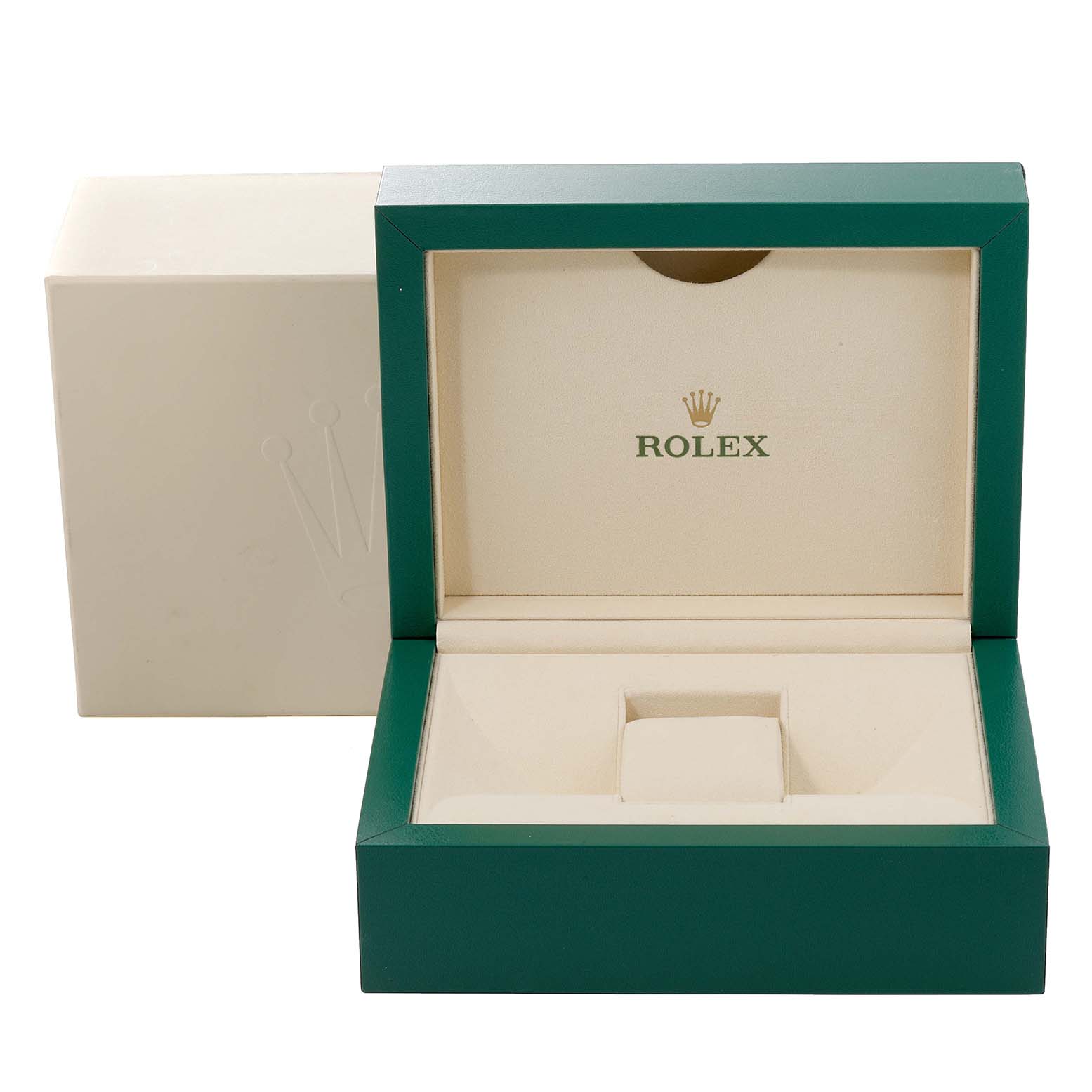 The image shows an open Rolex Pearlmaster 81318 Women's Yellow Gold Mother of Pearl Dial 81318 Women's Yellow Gold Mother of Pearl Dial watch box from a front angle, displaying the interior compartments.