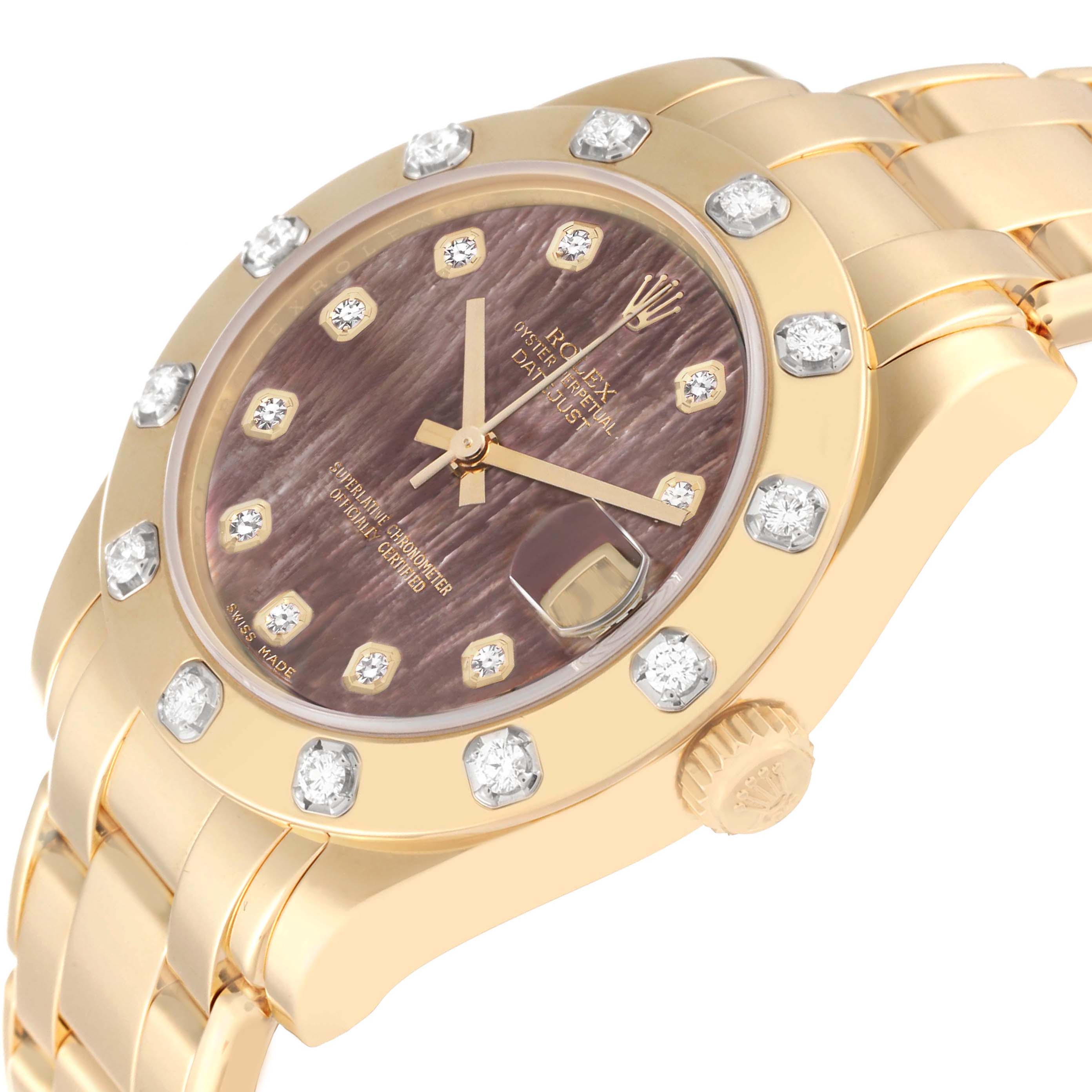 The Rolex Pearlmaster 81318 Women's Yellow Gold Mother of Pearl Dial watch is shown from a diagonal angle, highlighting its bezel with diamonds, dial, and bracelet.
