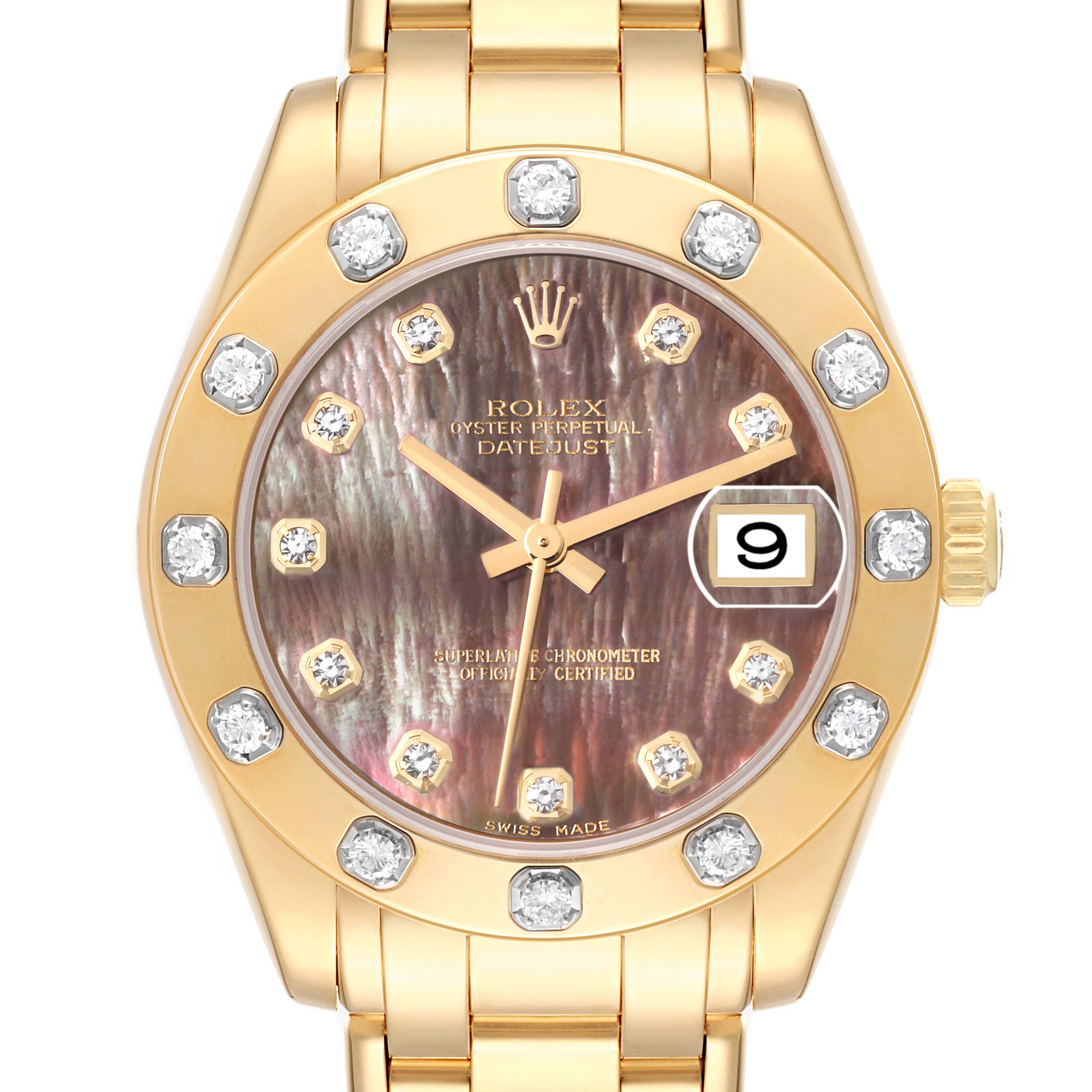 This image shows a frontal view of the Rolex Pearlmaster 81318 Women's Yellow Gold Mother of Pearl Dial 81318 Women's Yellow Gold Mother of Pearl Dial watch, highlighting its diamond bezel, mother-of-pearl dial, and date window.