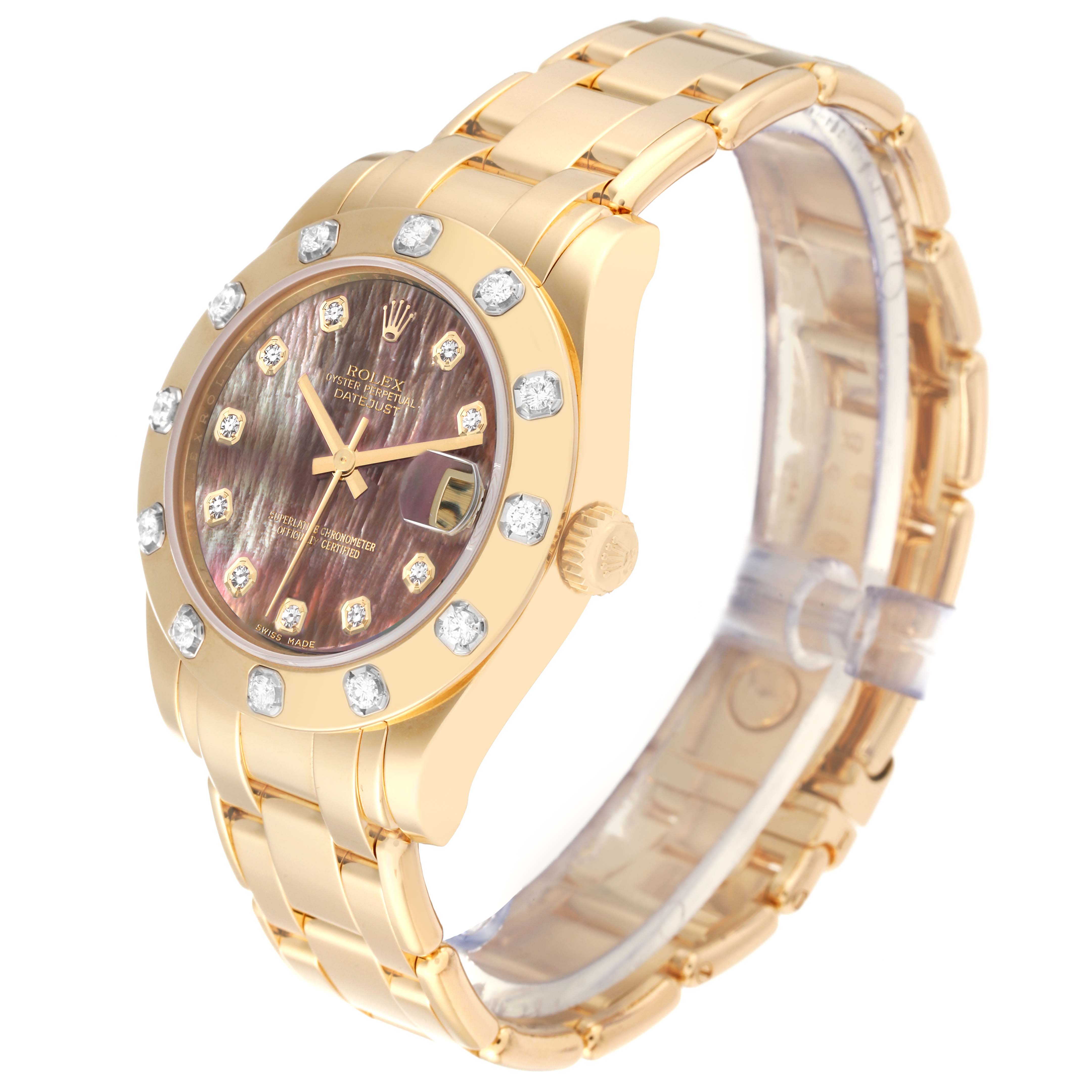 The image shows a Rolex Pearlmaster 81318 Women's Yellow Gold Mother of Pearl Dial 81318 Women's Yellow Gold Mother of Pearl Dial watch angled from the front, displaying its face, bezel, dial, and bracelet.