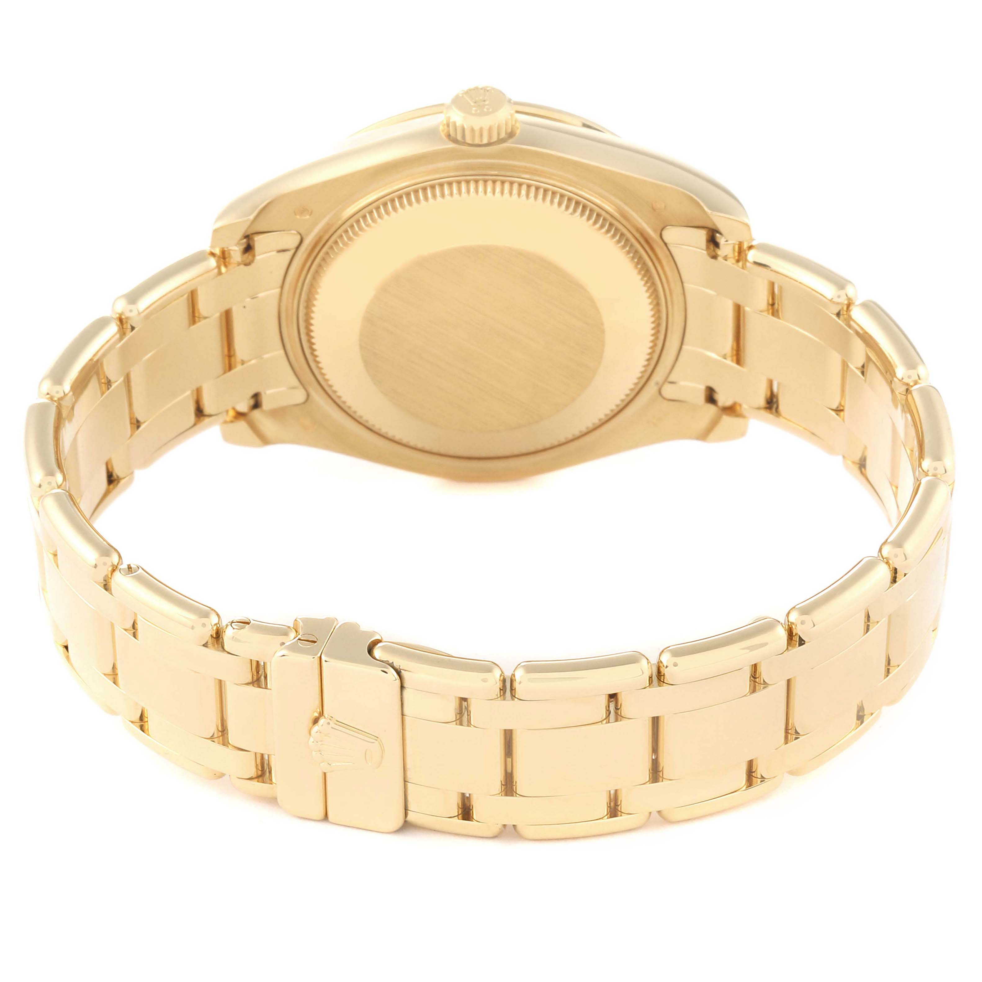 The Rolex Pearlmaster 81318 Women's Yellow Gold Mother of Pearl Dial watch is shown from the back, highlighting the case back, bracelet, clasp, and crown.
