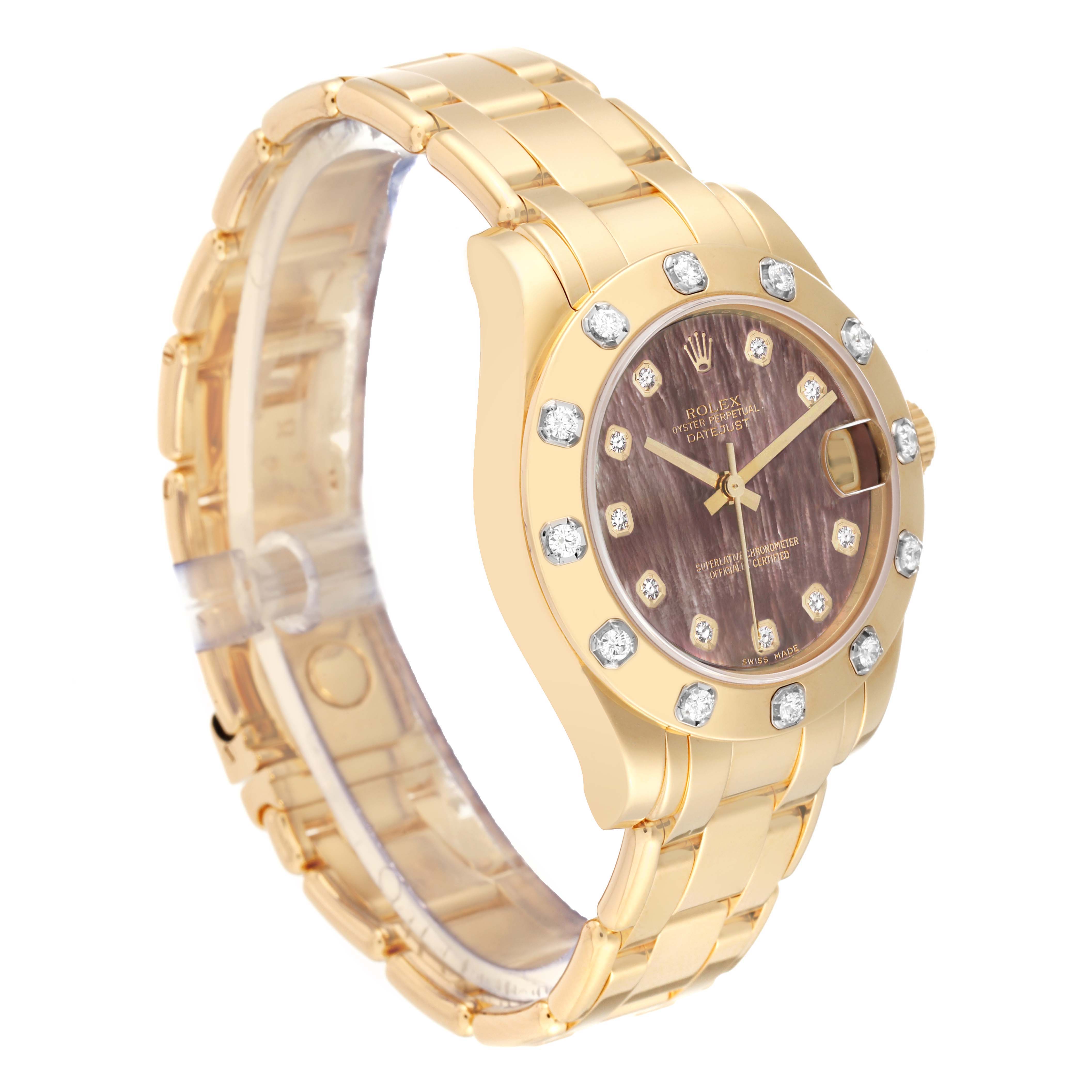 The Rolex Pearlmaster 81318 Women's Yellow Gold Mother of Pearl Dial watch is shown at a three-quarter angle, displaying its gold bracelet, diamond-set bezel, and dial.