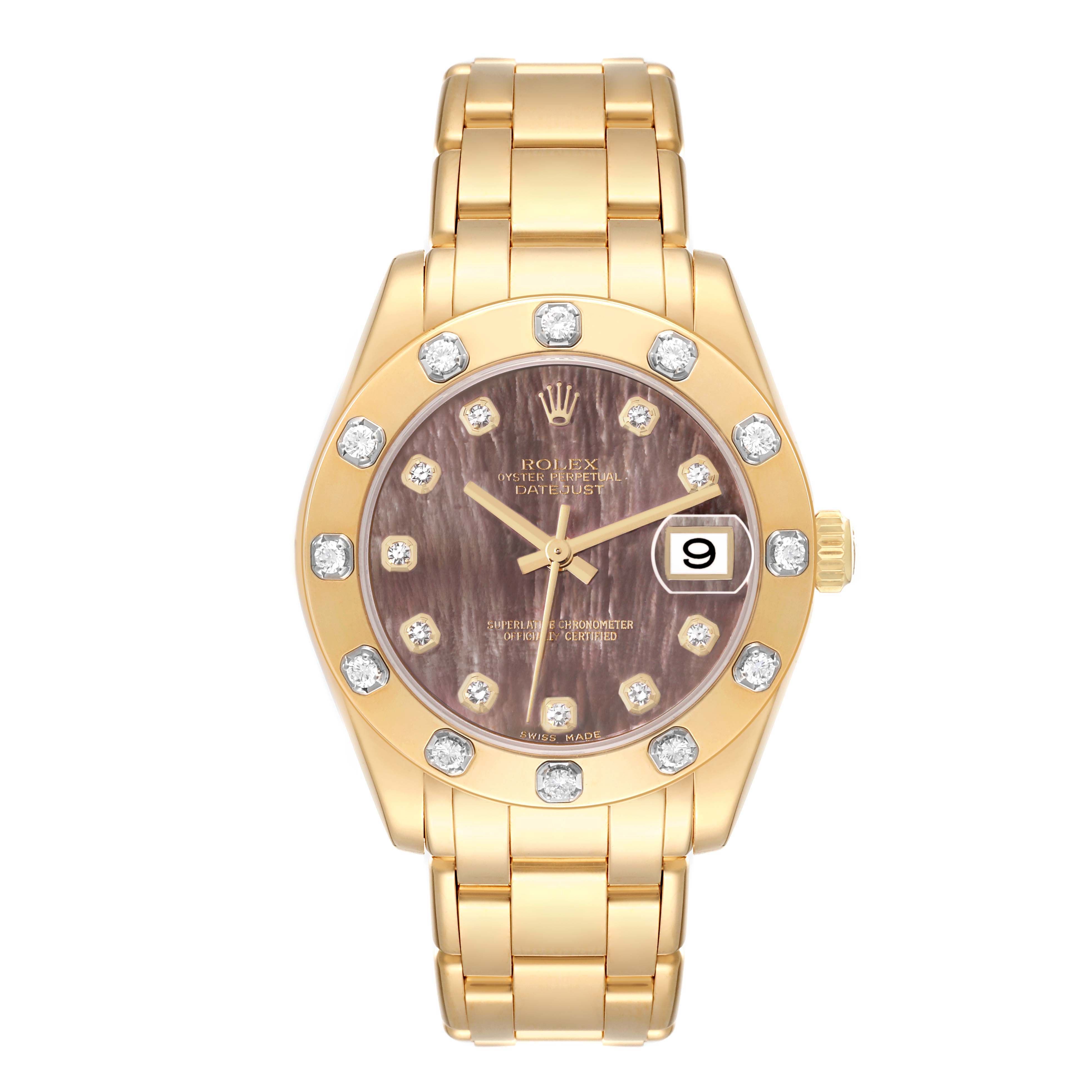 This Rolex Pearlmaster 81318 Women's Yellow Gold Mother of Pearl Dial watch is shown from a top-down angle, displaying the dial, bezel, and bracelet in gold with diamond accents.