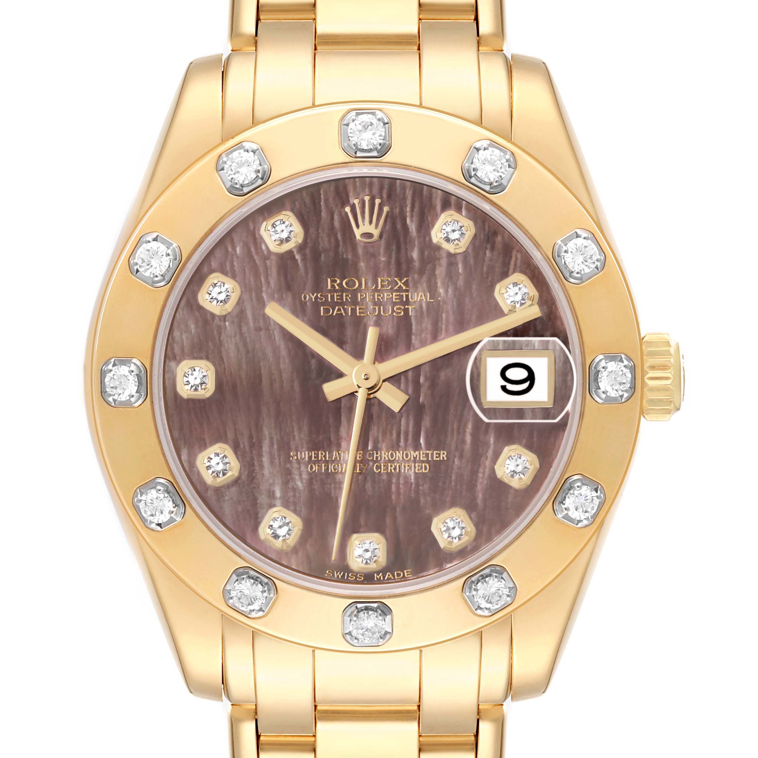 The Rolex Pearlmaster 81318 Women's Yellow Gold Mother of Pearl Dial watch is shown from the front, highlighting the bezel, dial, hands, hour markers, date window, and bracelet.