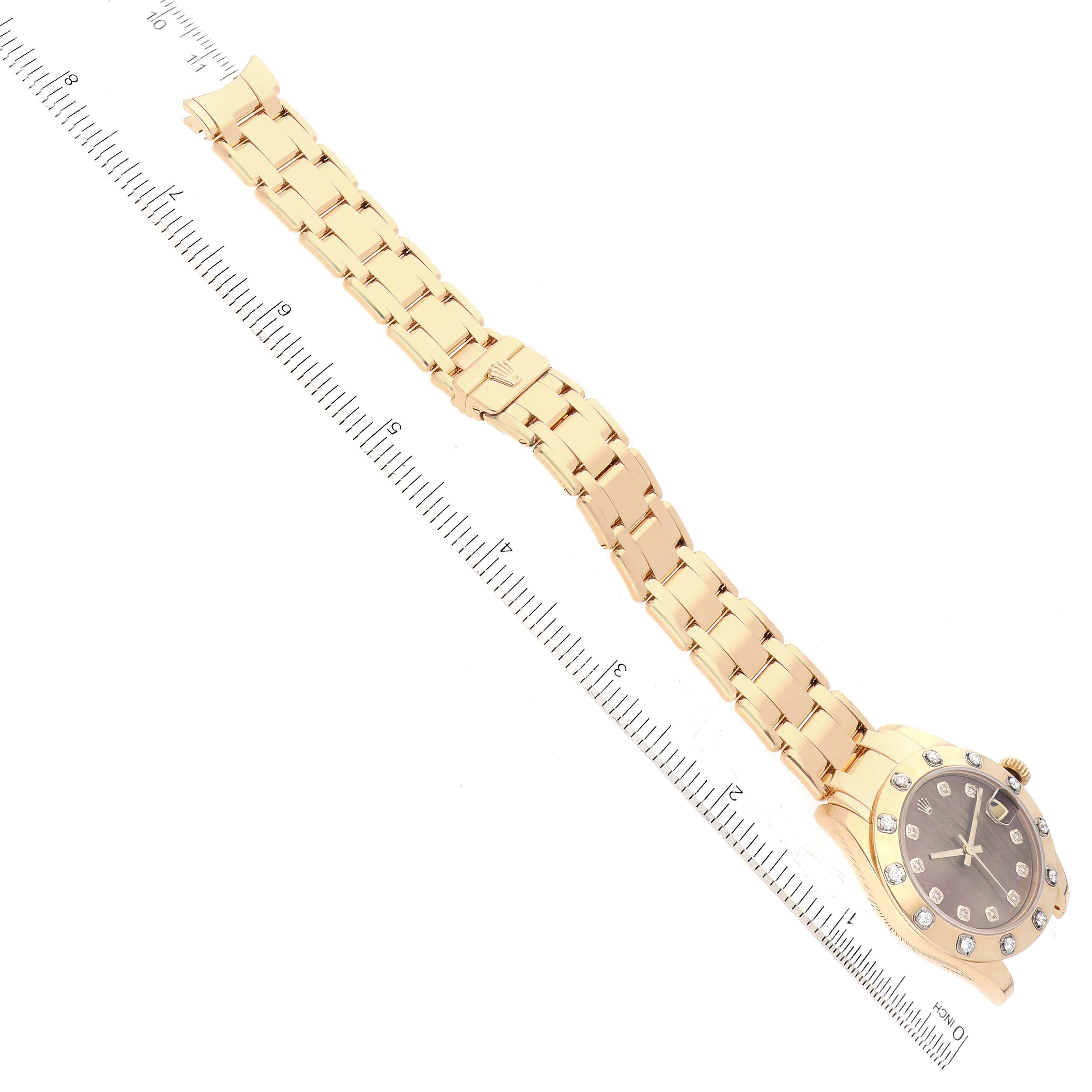 The Rolex Pearlmaster 81318 Women's Yellow Gold Mother of Pearl Dial watch is shown at an angled top view, displaying the full bracelet and diamond-studded bezel.