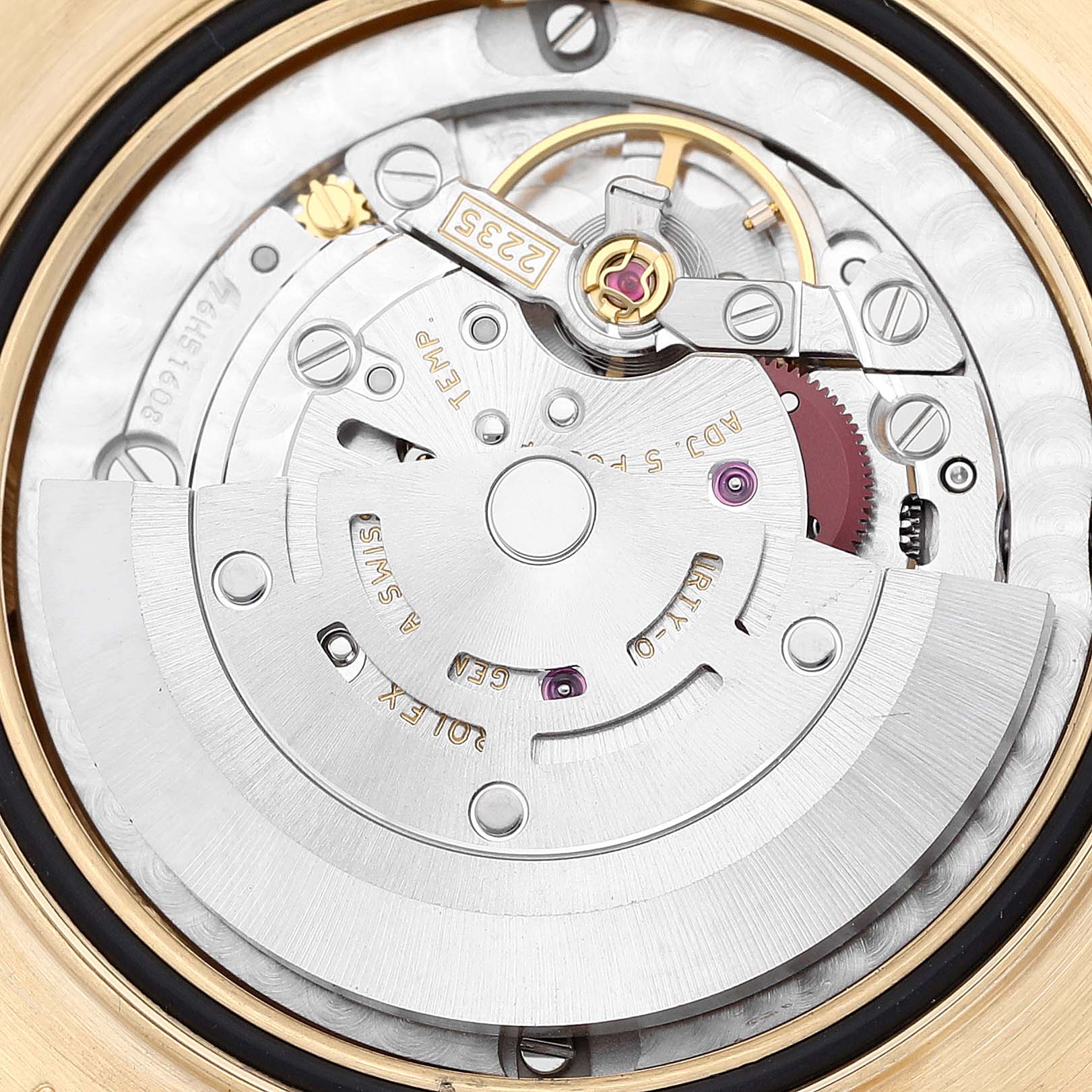 This image shows a close-up of the movement mechanism of the Rolex Pearlmaster 81318 Women's Yellow Gold Mother of Pearl Dial 81318 Women's Yellow Gold Mother of Pearl Dial watch.
