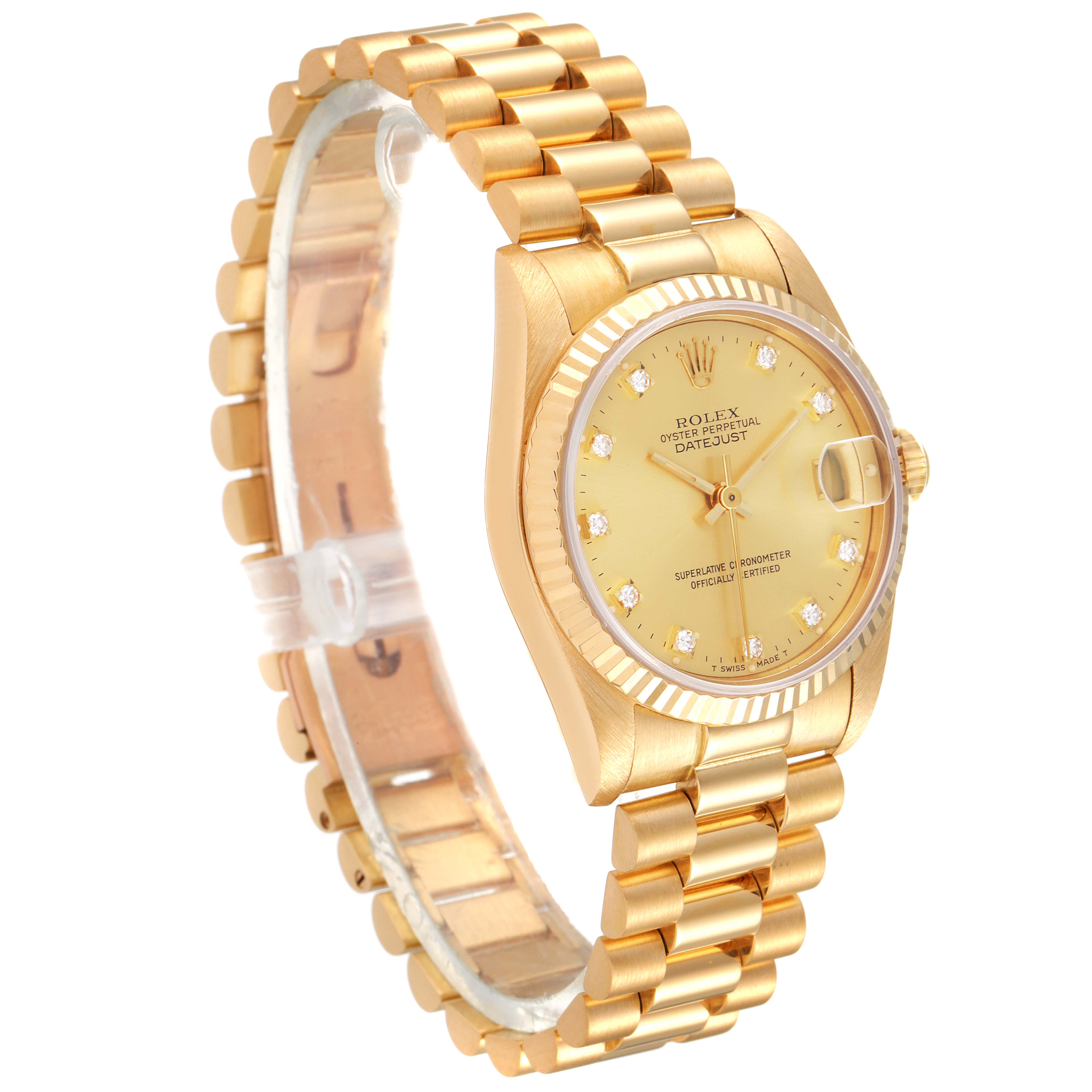 This image shows a Rolex President 38706 Women
s Yellow Gold Champagne Dial 38706 Women
s Yellow Gold Champagne Dial model watch angled to display the face, bezel, and part of the bracelet.
