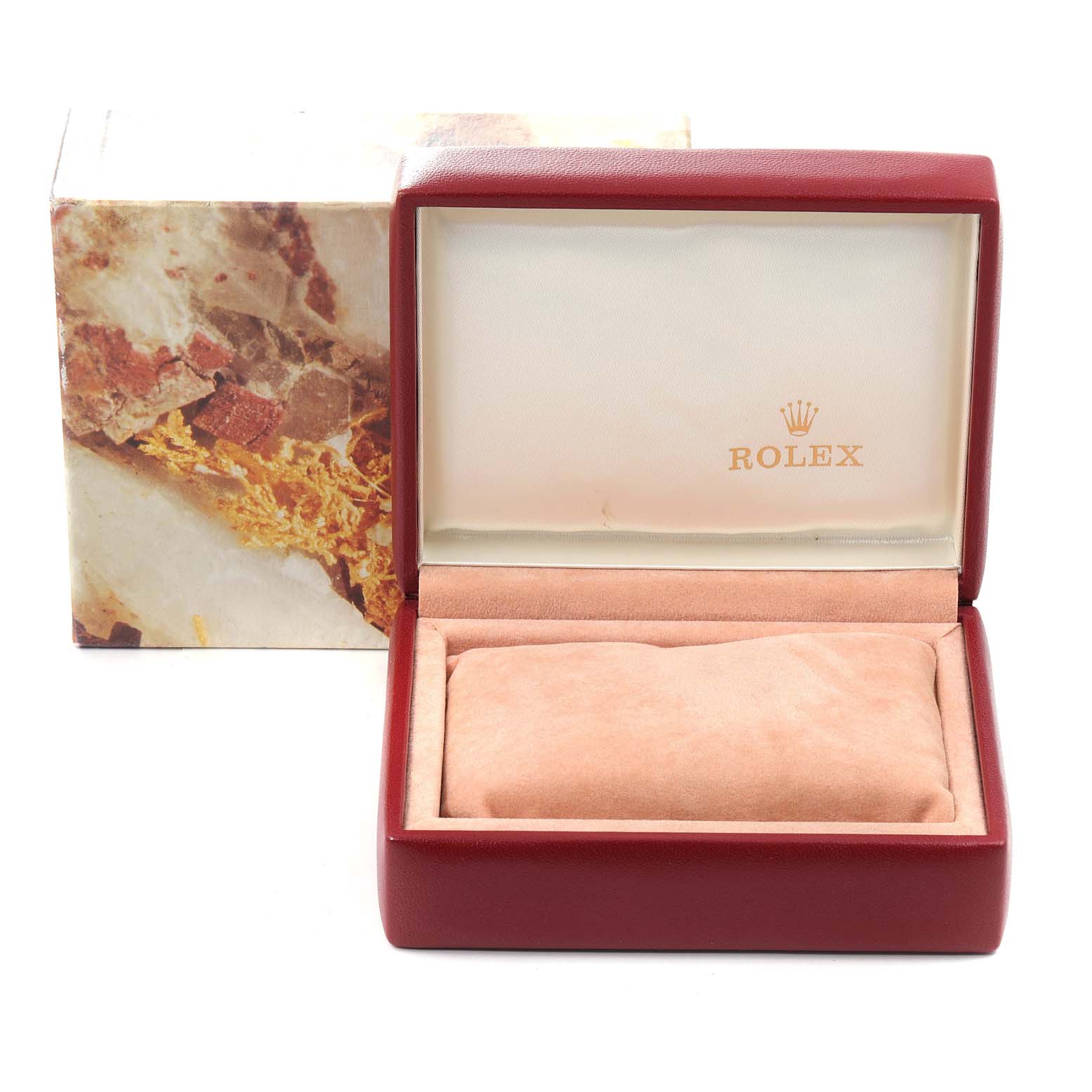 The image shows an open Rolex President 38706 Women
s Yellow Gold Champagne Dial 38706 Women
s Yellow Gold Champagne Dial model watch box and an outer cardboard box in the background.