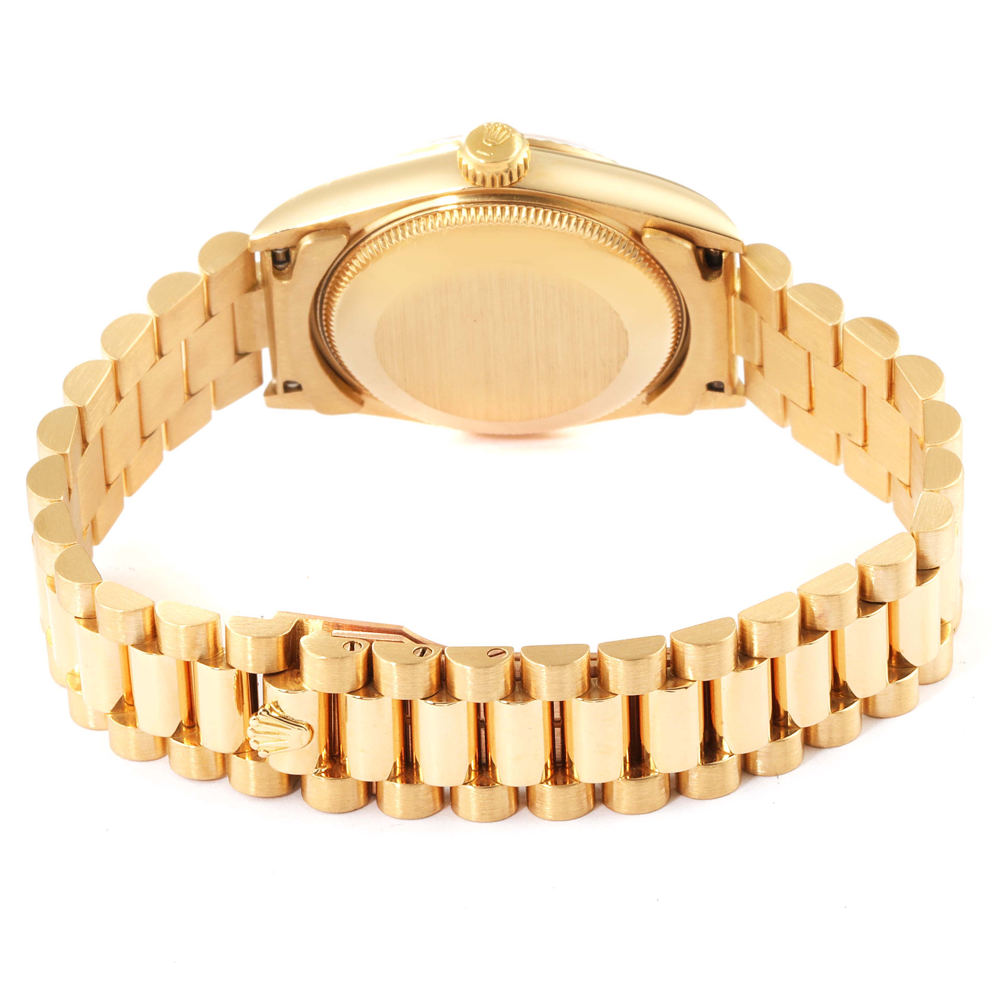 The image displays a rear and side view of the Rolex President 38706 Women
s Yellow Gold Champagne Dial 38706 Women
s Yellow Gold Champagne Dial model watch, highlighting its gold case and bracelet.