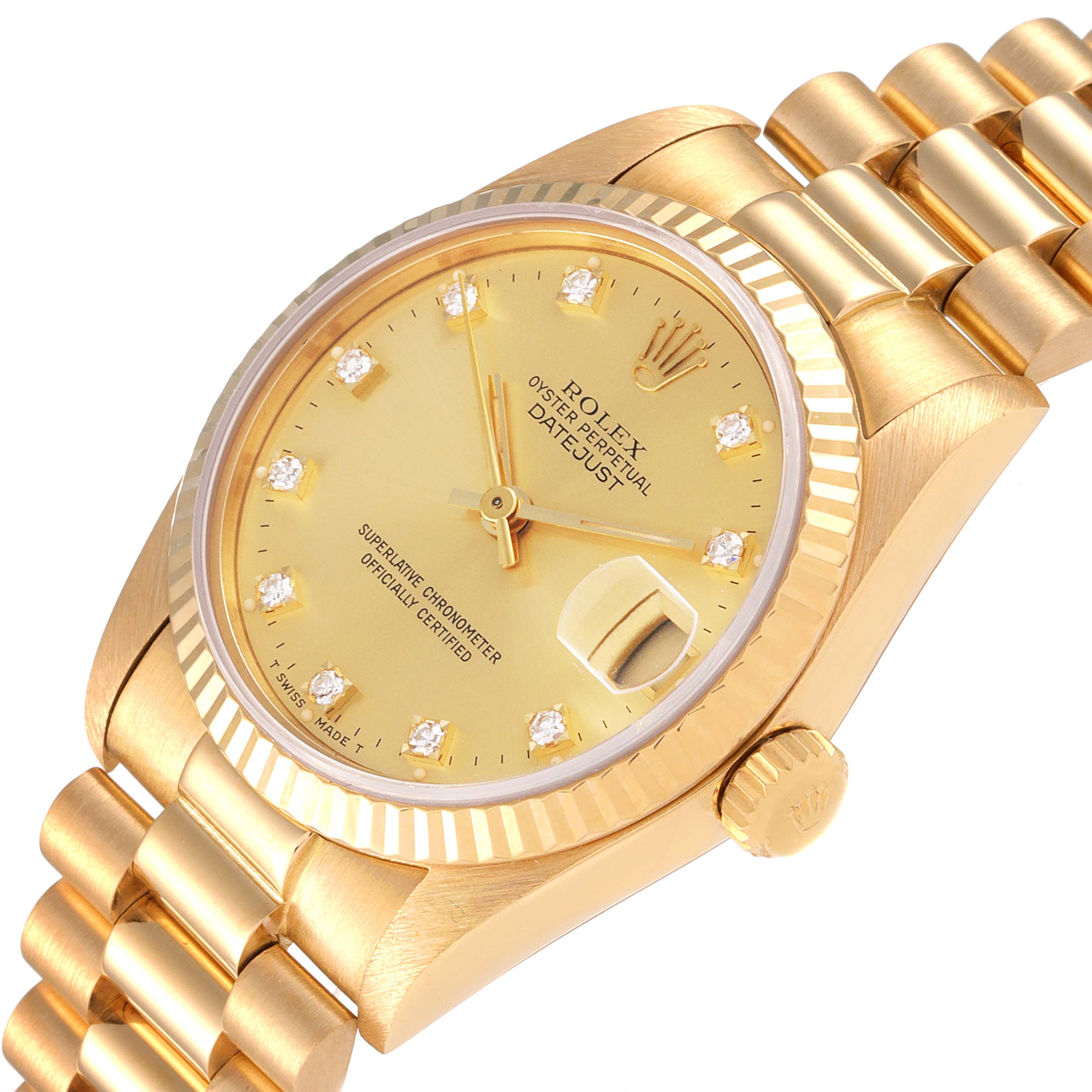 The image shows a side angle view of a Rolex President 38706 Women
s Yellow Gold Champagne Dial 38706 Women
s Yellow Gold Champagne Dial Datejust watch, highlighting its gold dial, fluted bezel, and bracelet.
