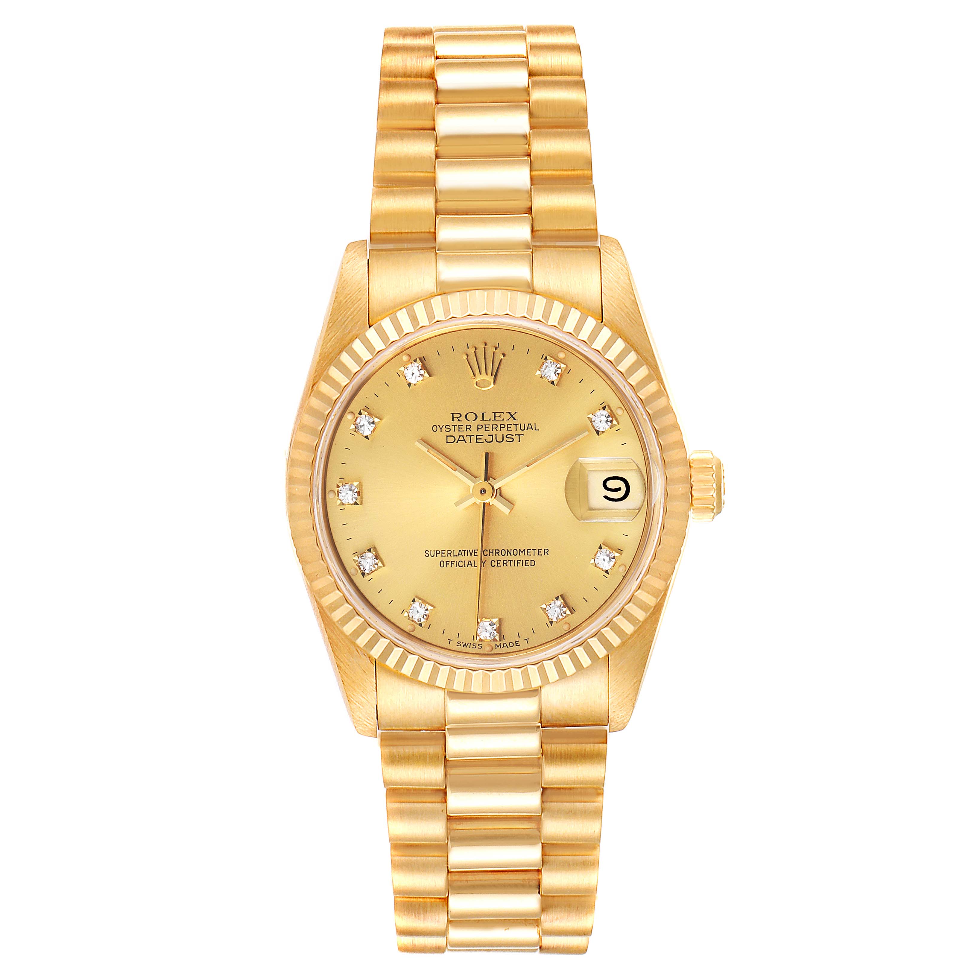 The image shows a Rolex President 38706 Women
s Yellow Gold Champagne Dial 38706 Women
s Yellow Gold Champagne Dial model watch from a top-down angle, displaying the dial, bezel, crown, and bracelet.