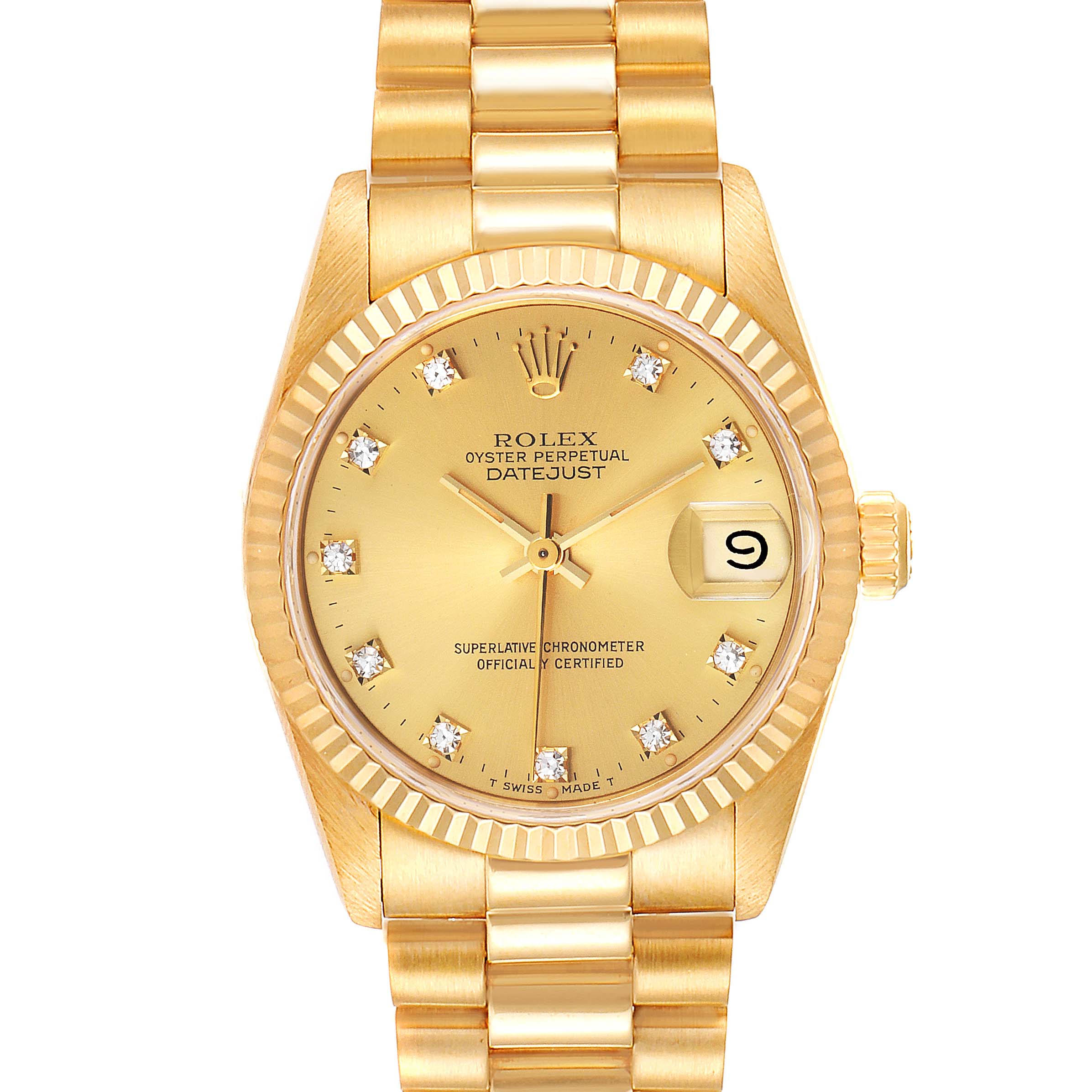 This image displays a frontal view of a Rolex President 38706 Women
s Yellow Gold Champagne Dial 38706 Women
s Yellow Gold Champagne Dial model watch, showcasing its gold dial, fluted bezel, and bracelet.