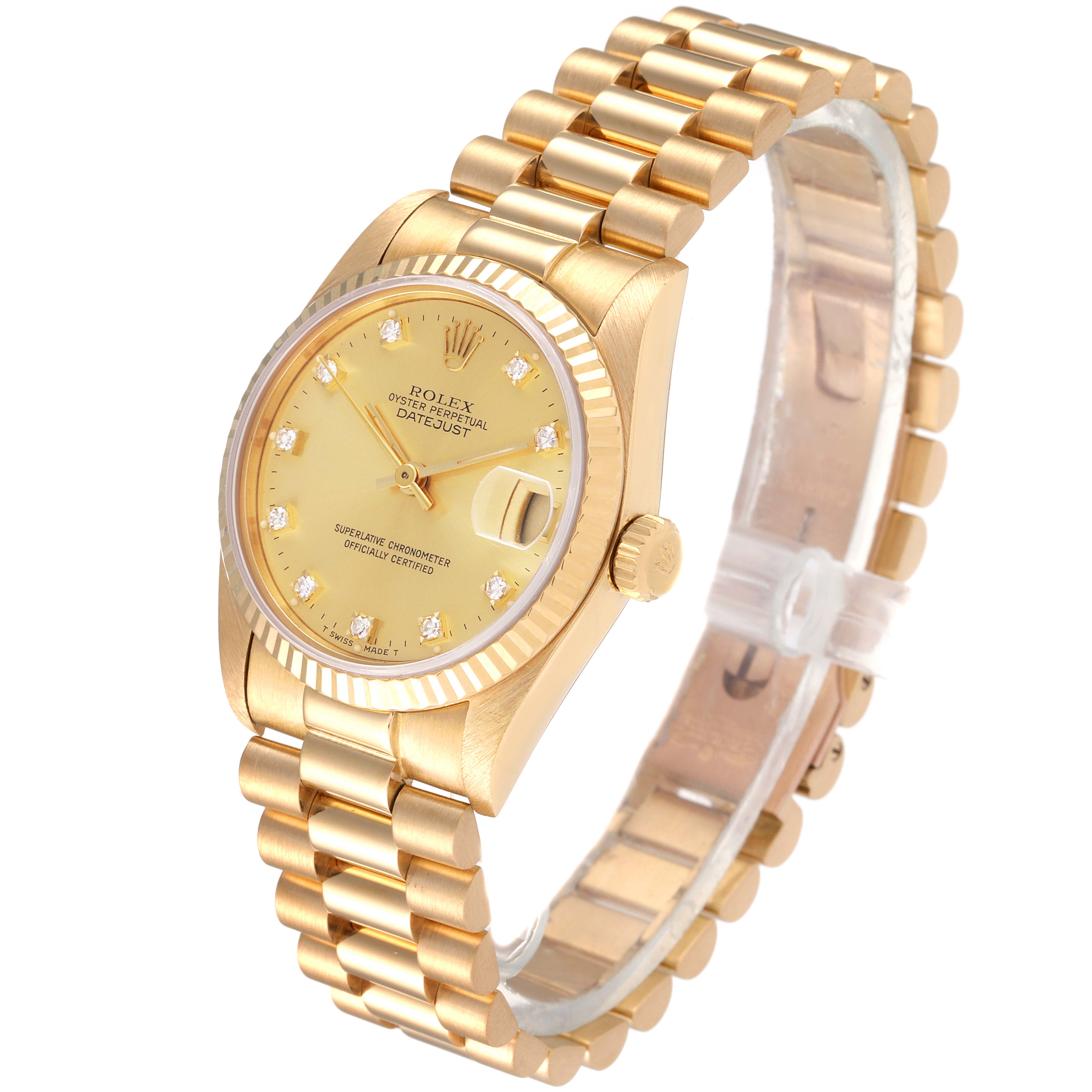 The Rolex President 38706 Women
s Yellow Gold Champagne Dial 38706 Women
s Yellow Gold Champagne Dial model watch is shown at a three-quarter angle, highlighting its gold bracelet, dial, and crown.