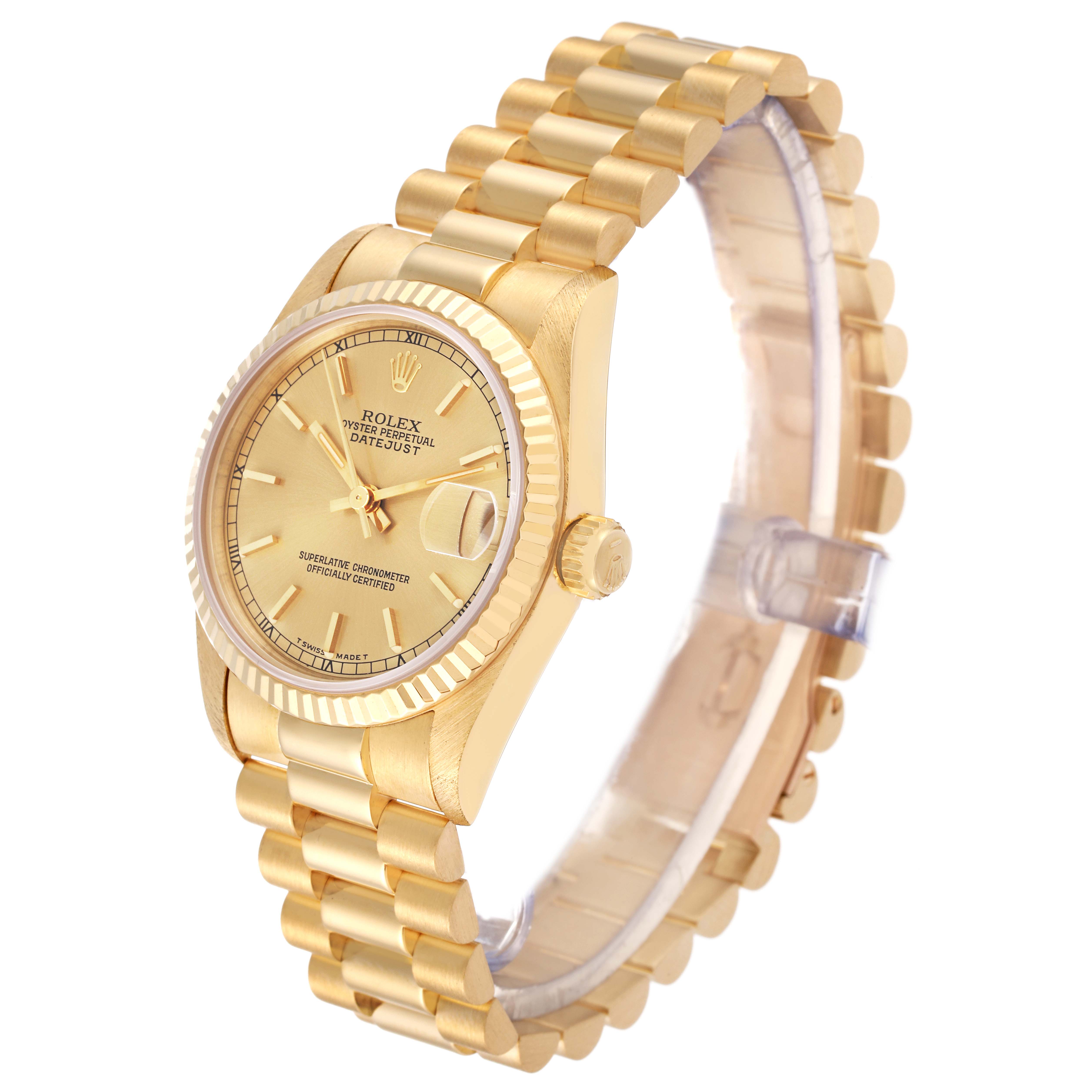 The Rolex President 68278 Women
s Yellow Gold Champagne Dial 68278 Women
s Yellow Gold Champagne Dial model watch is shown at a slight angle, highlighting the face, bezel, crown, and bracelet.