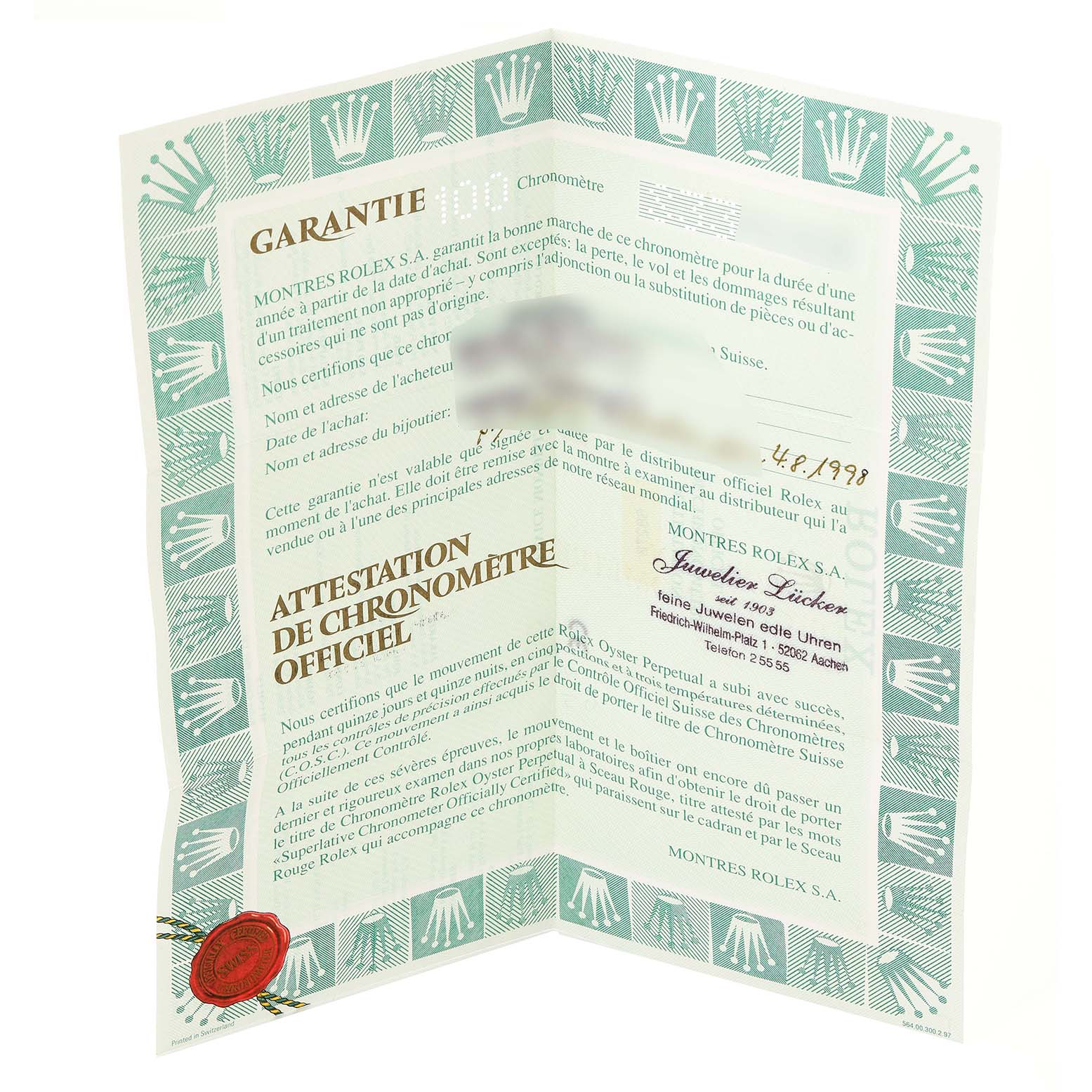 This image shows a folded certificate of Best Quality
ity and guarantee for a Rolex President 68278 Women
s Yellow Gold Champagne Dial 68278 Women
s Yellow Gold Champagne Dial model watch.