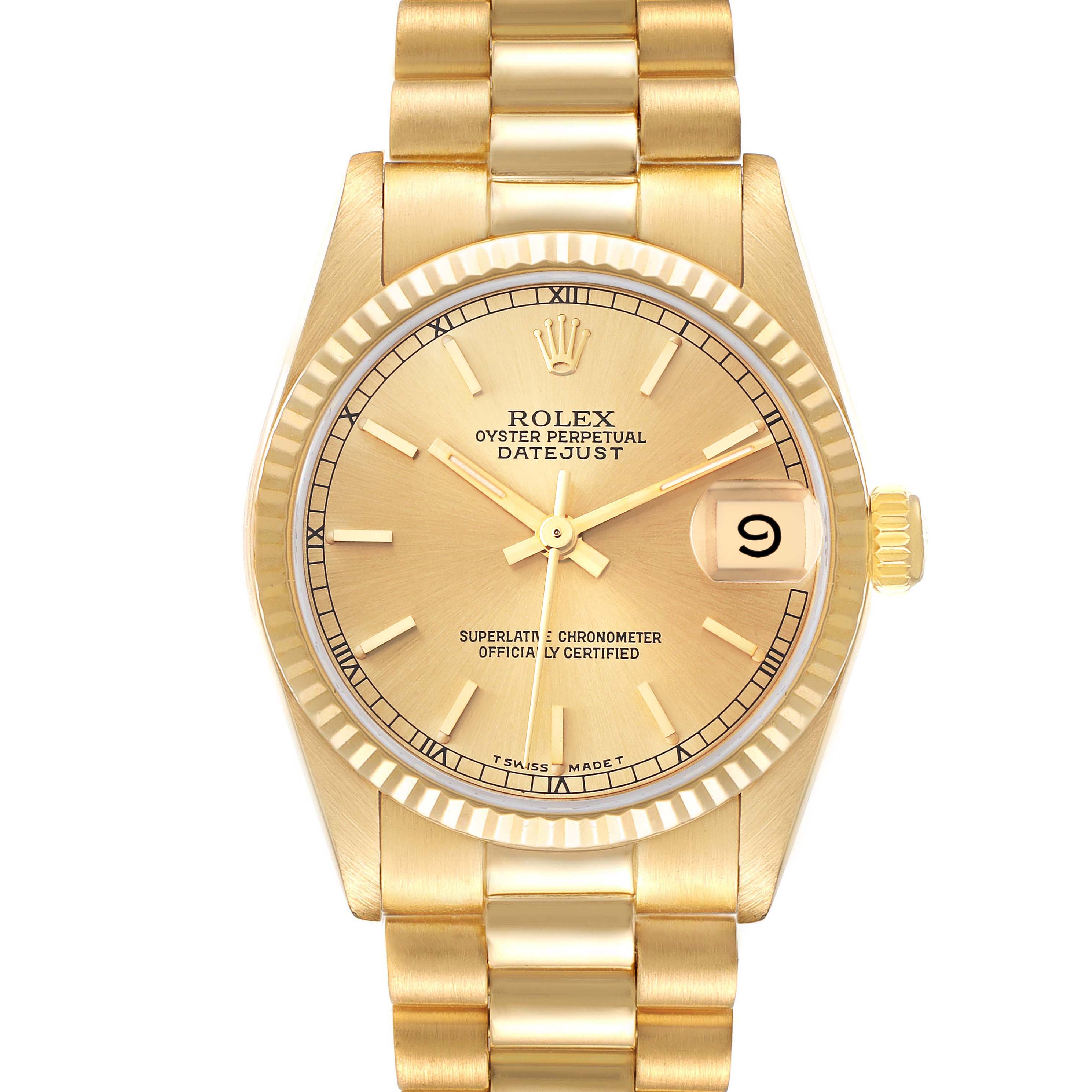 The image shows a front view of the Rolex President 68278 Women
s Yellow Gold Champagne Dial 68278 Women
s Yellow Gold Champagne Dial Datejust watch, highlighting its gold case, dial, and bracelet.