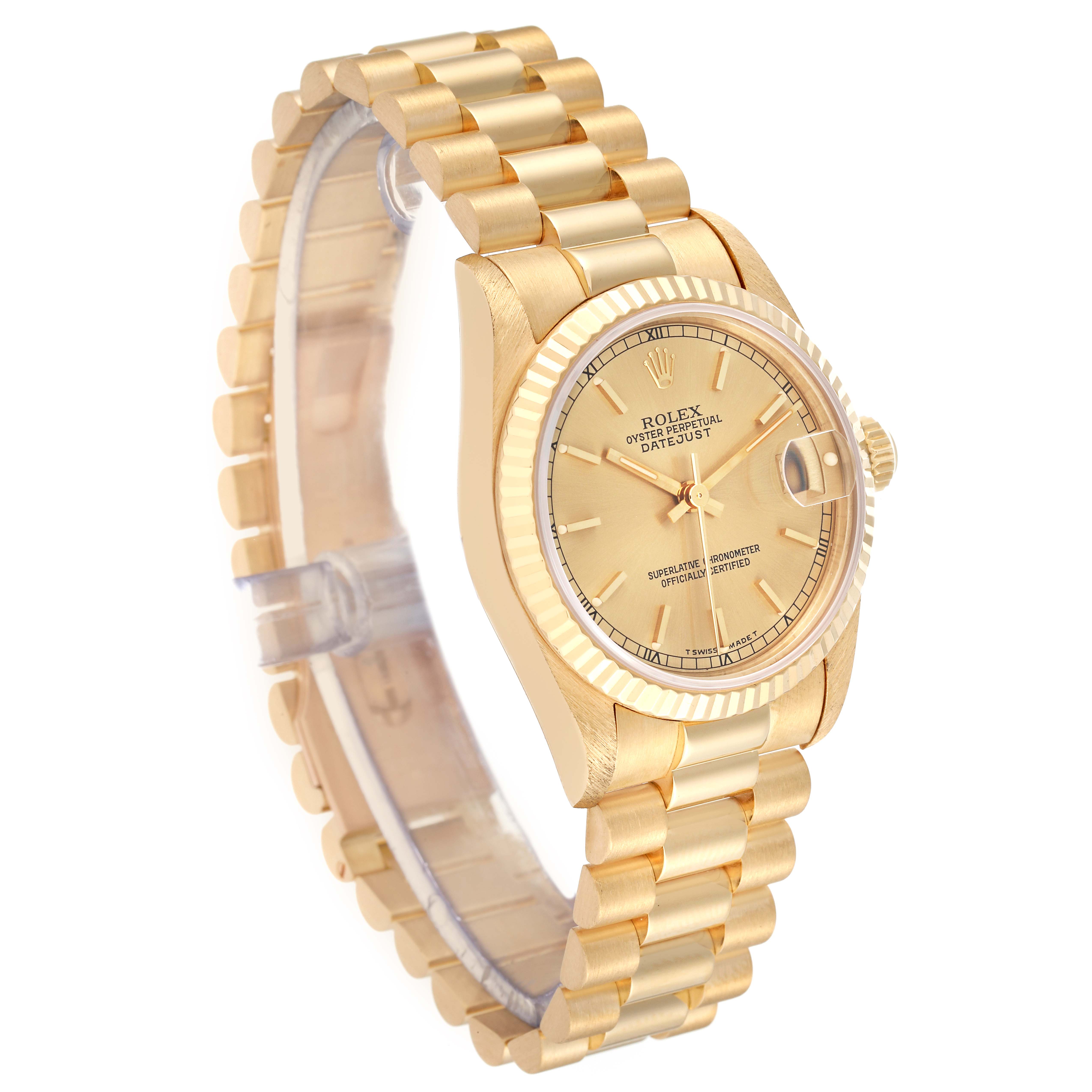 The image shows a side view of a Rolex President 68278 Women
s Yellow Gold Champagne Dial 68278 Women
s Yellow Gold Champagne Dial model watch, highlighting its gold case, fluted bezel, and bracelet.