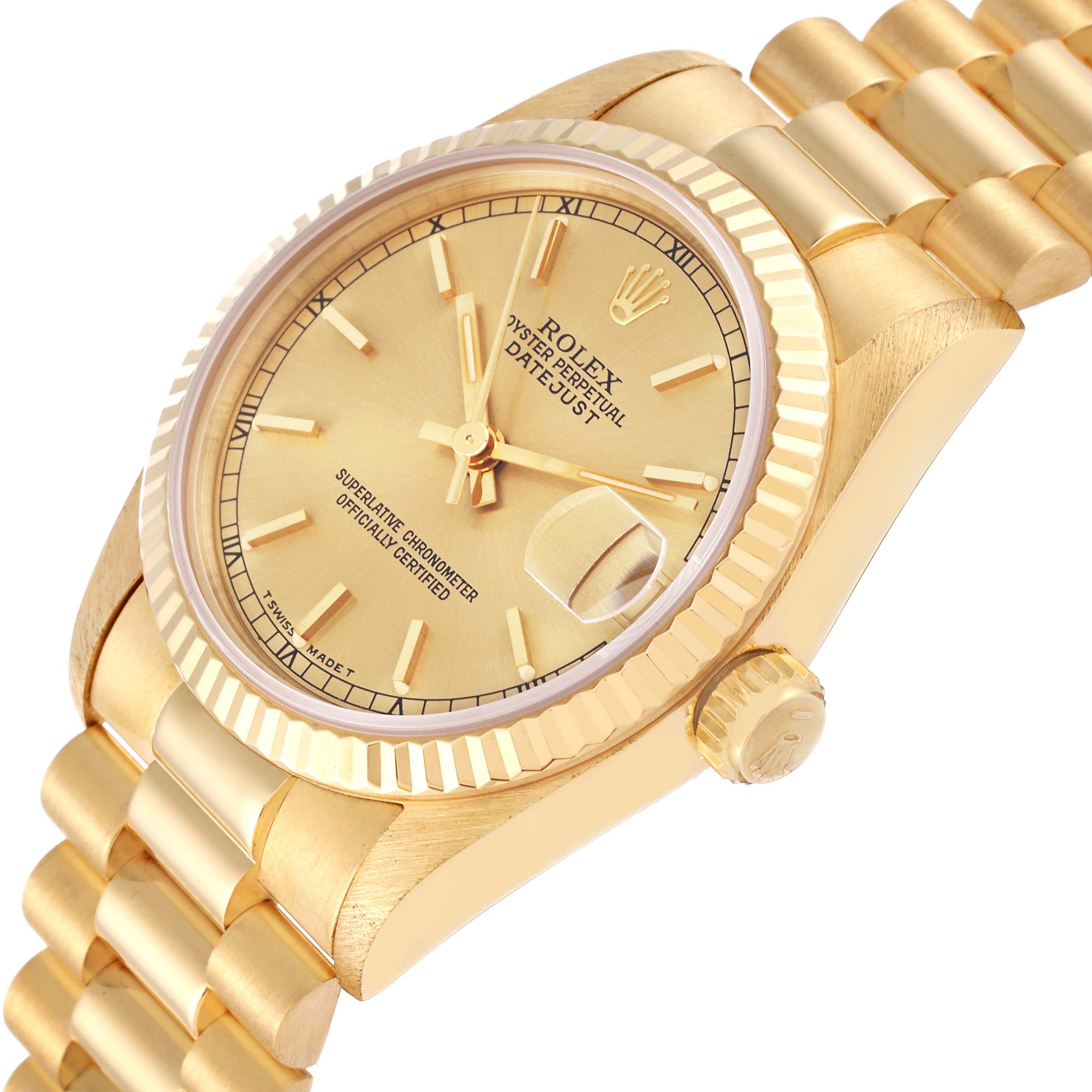 The image shows a close-up, angled view of the dial, bezel, and bracelet of the Rolex President 68278 Women
s Yellow Gold Champagne Dial 68278 Women
s Yellow Gold Champagne Dial model watch.