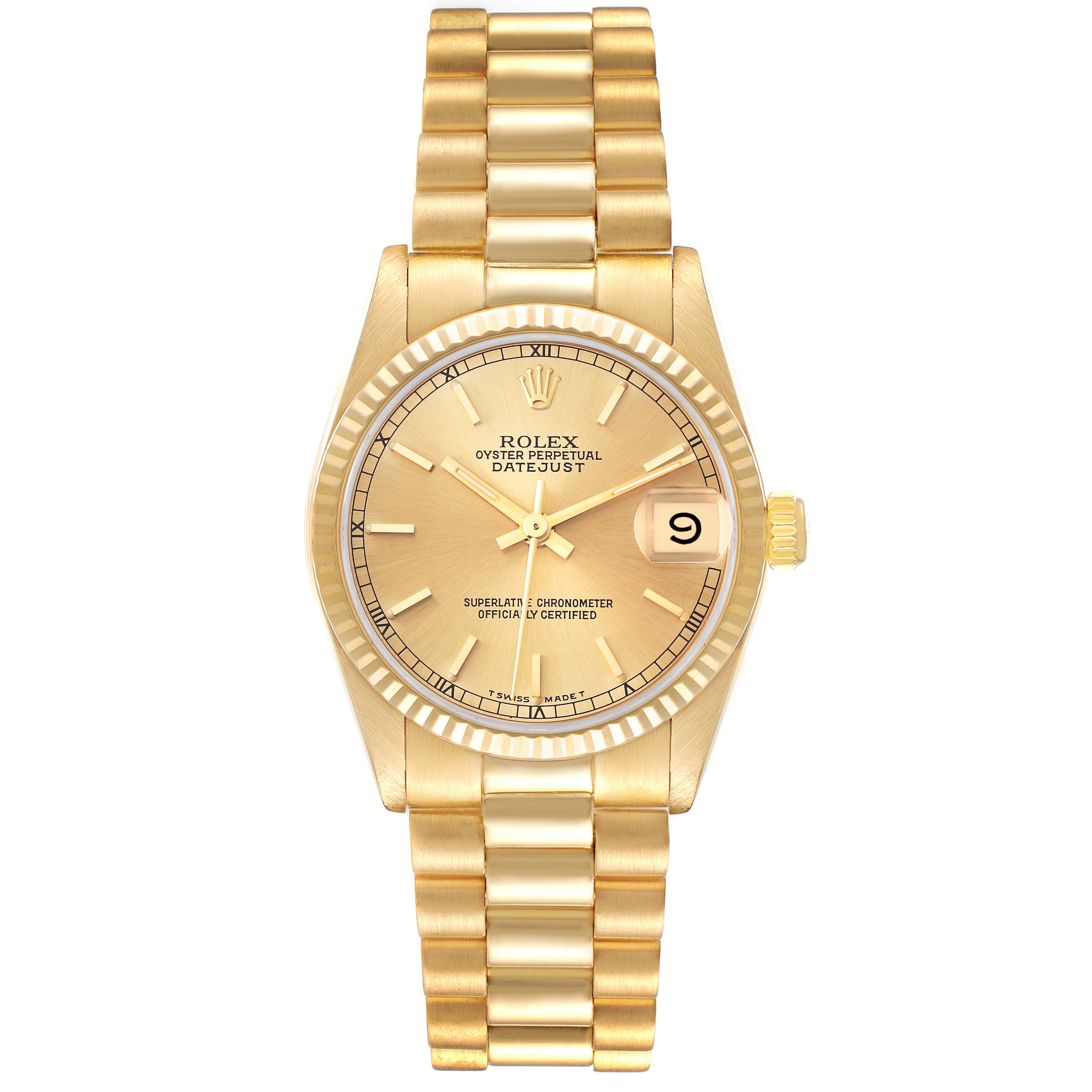 The image shows a front view of a Rolex President 68278 Women
s Yellow Gold Champagne Dial 68278 Women
s Yellow Gold Champagne Dial model watch, displaying the dial, bracelet, and date window.