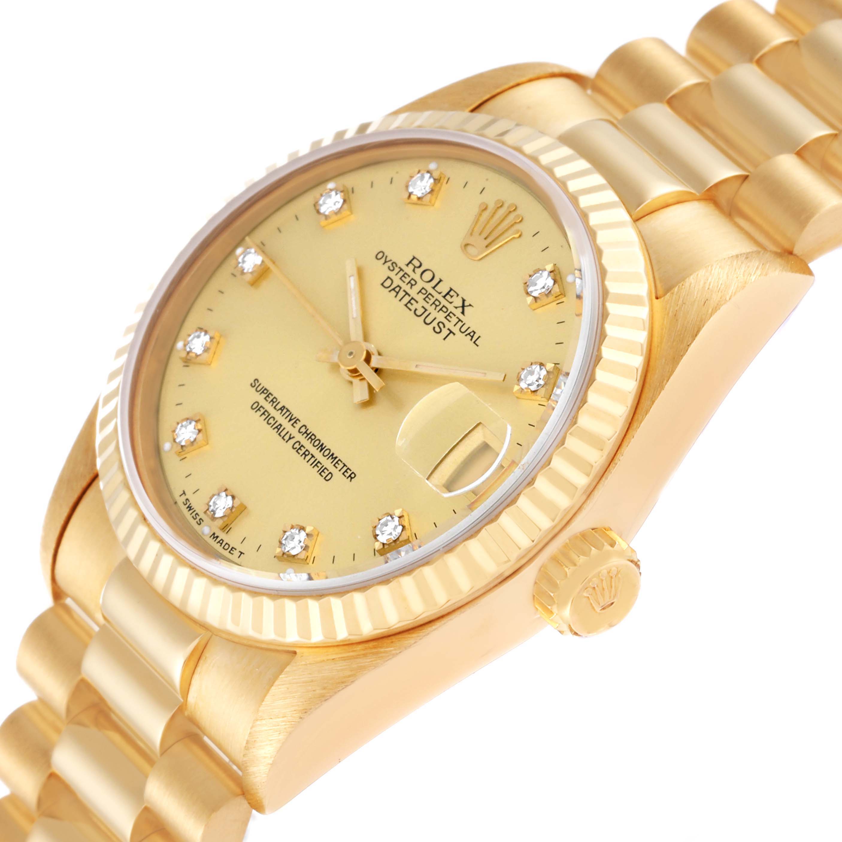 The image shows a close-up angled view of the President model Rolex watch, highlighting its dial, bezel, and part of the bracelet.