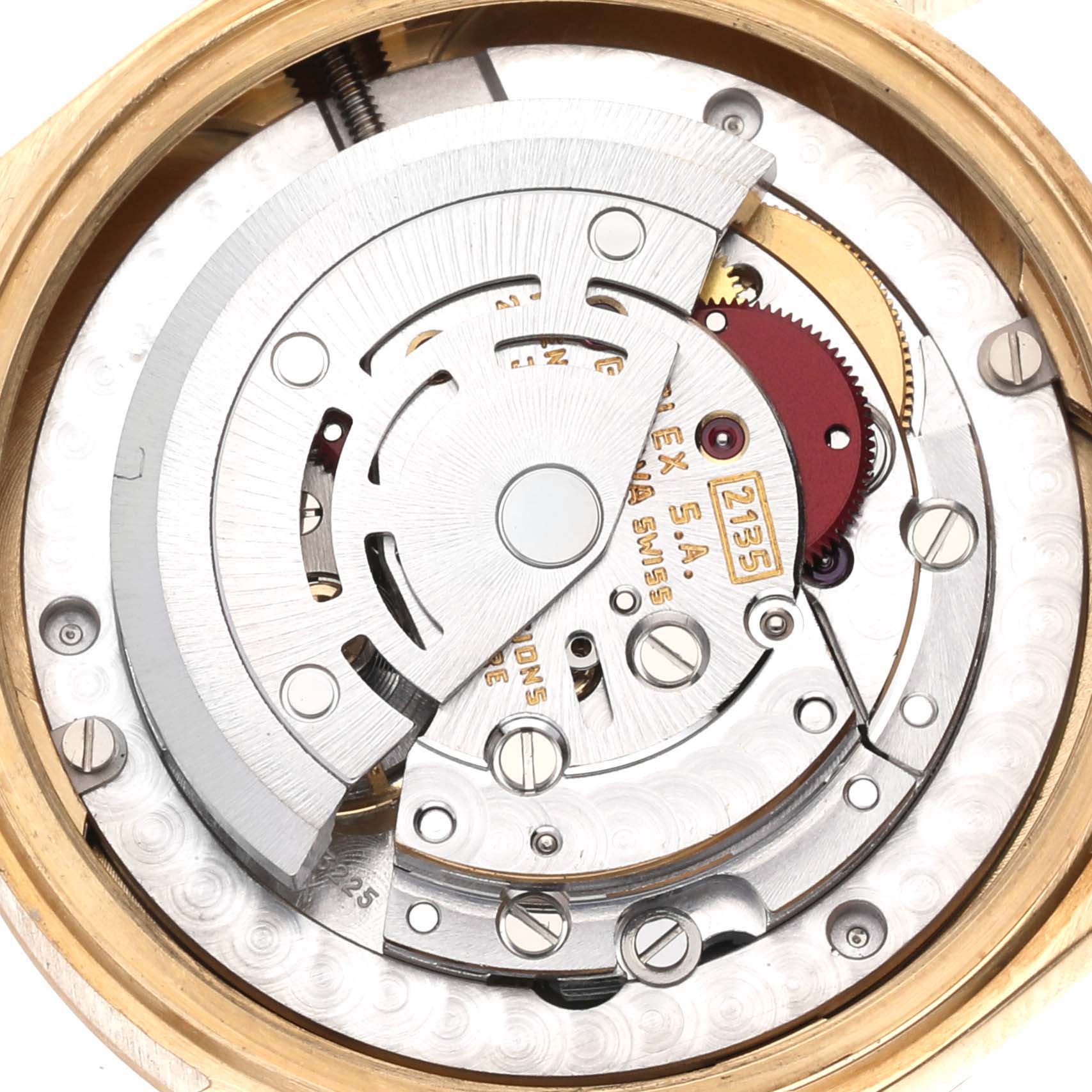 This image shows a close-up view of the movement mechanism inside a Rolex President 68278 Women's Yellow Gold Black Dial 68278 Women's Yellow Gold Black Dial model watch.