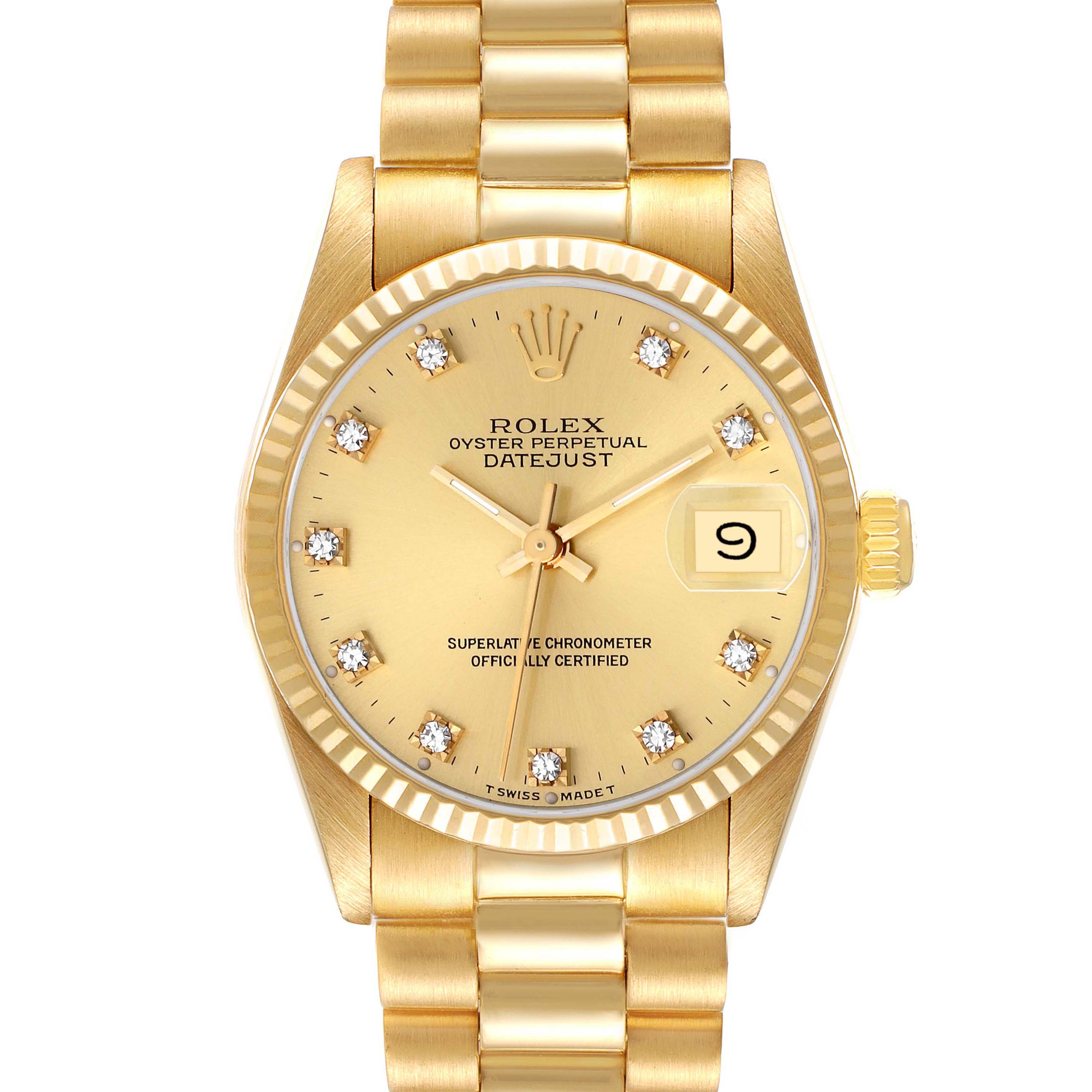The image displays a frontal view of the Rolex President 68278 Women's Yellow Gold Black Dial 68278 Women's Yellow Gold Black Dial model watch, showcasing the dial, bezel, and bracelet.