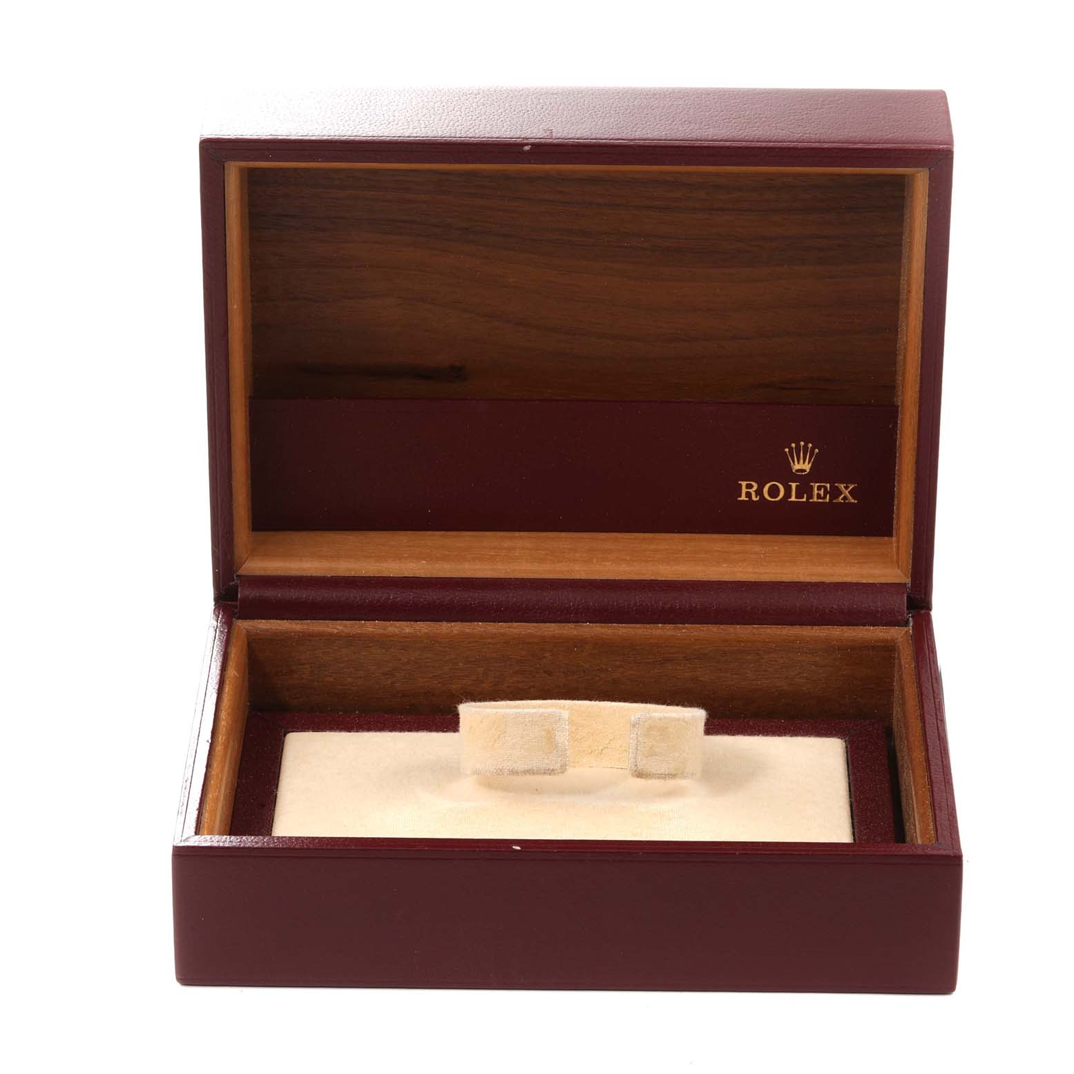 The image shows an open Rolex watch box for the President model, displaying the interior compartments.