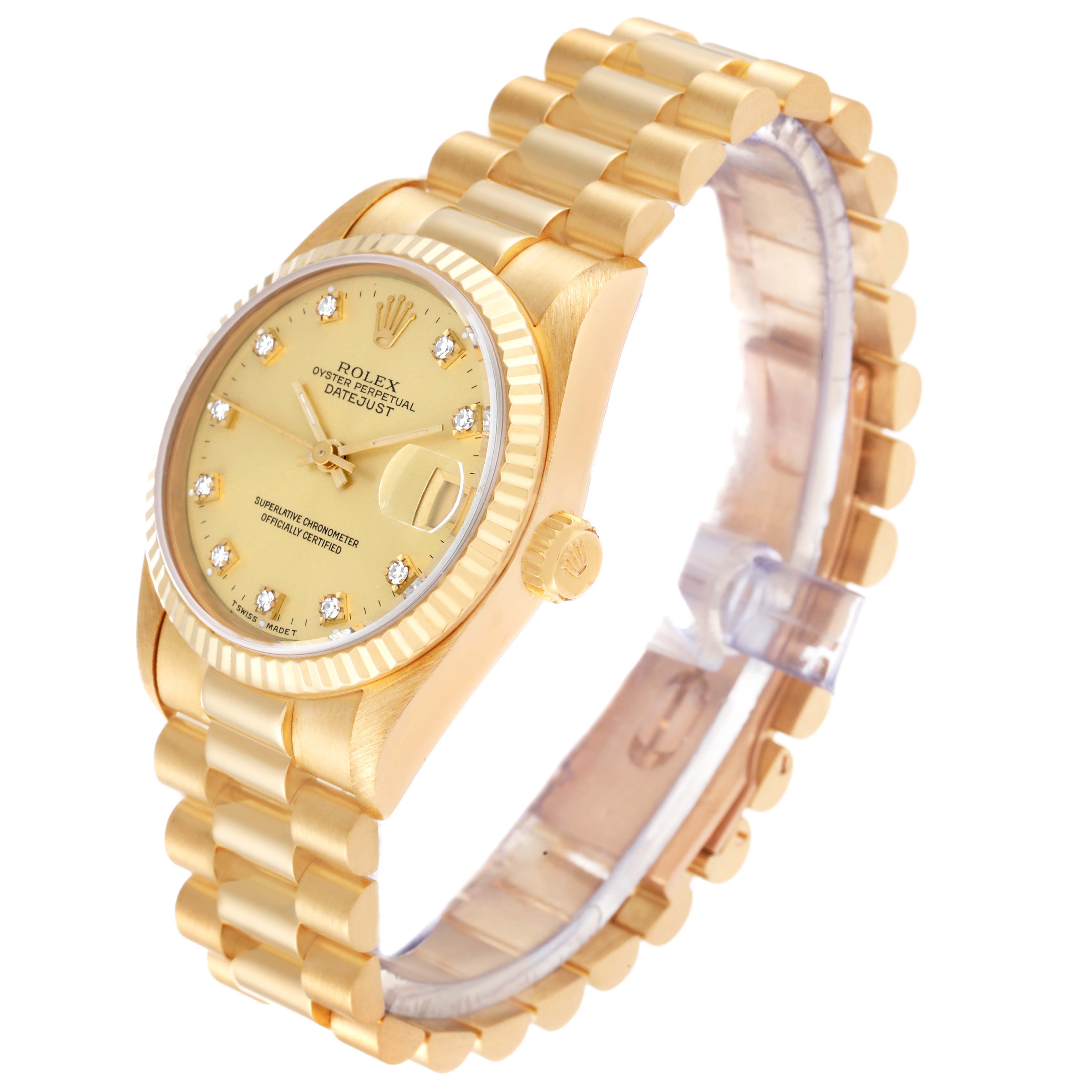 The image shows a Rolex President 68278 Women's Yellow Gold Black Dial 68278 Women's Yellow Gold Black Dial model watch from an oblique angle, highlighting its gold bracelet, diamond hour markers, and fluted bezel.