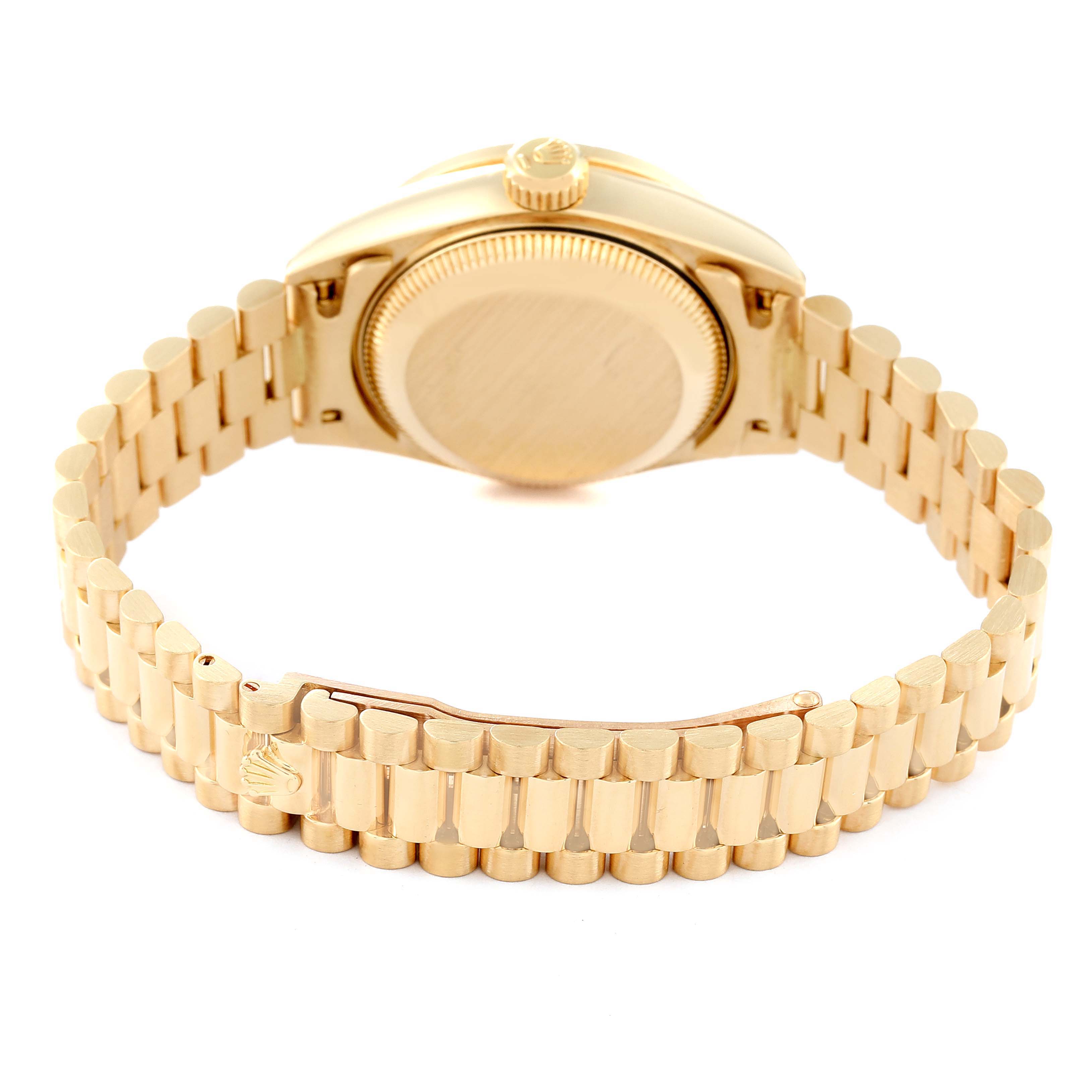 This image shows the back view of a Rolex President 69138G Women
s Yellow Gold Champagne Dial 69138G Women
s Yellow Gold Champagne Dial model watch, highlighting the case back and bracelet.