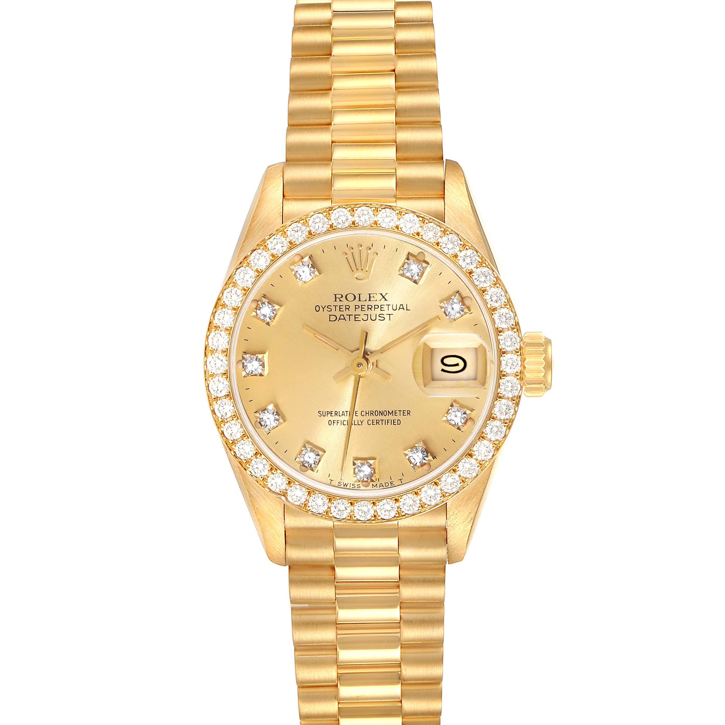 This image shows a front view of a Rolex President 69138G Women
s Yellow Gold Champagne Dial 69138G Women
s Yellow Gold Champagne Dial model watch, highlighting the dial, bezel, bracelet, and crown.