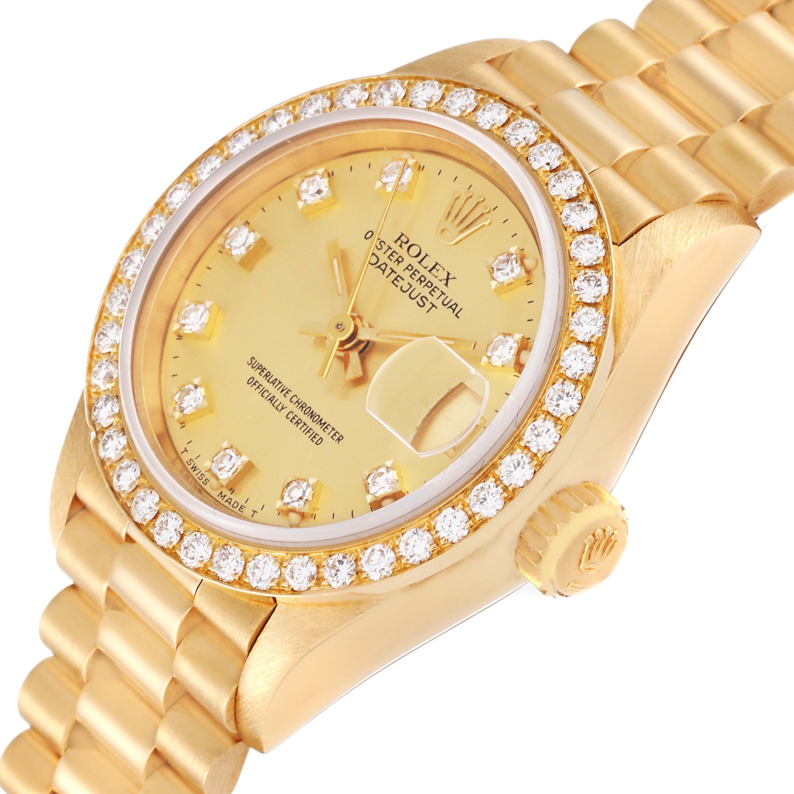 This image shows a Rolex President 69138G Women
s Yellow Gold Champagne Dial 69138G Women
s Yellow Gold Champagne Dial model watch, highlighting the dial, bezel, crown, and part of the bracelet at an angled view.