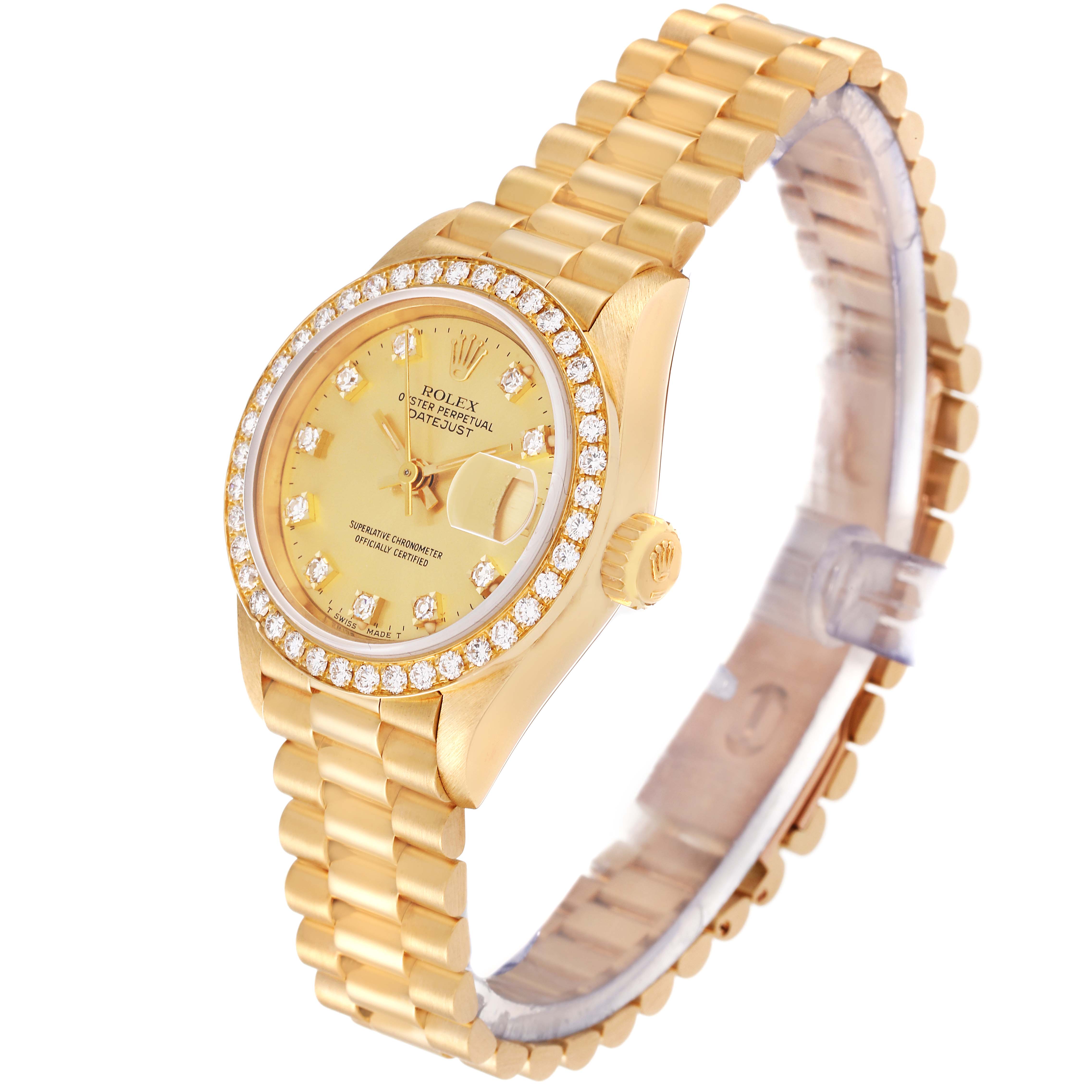 The image shows a side-angle view of the Rolex President 69138G Women
s Yellow Gold Champagne Dial 69138G Women
s Yellow Gold Champagne Dial model watch, highlighting its gold bracelet, crown, and diamond-encrusted bezel.