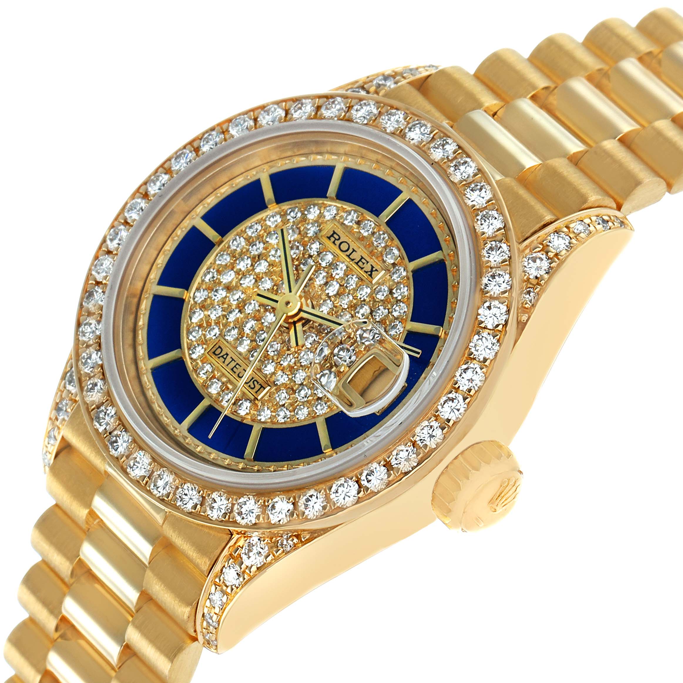 The Rolex President 69158 Women's Yellow Gold Champagne Dial model is shown at a tilted angle, displaying the diamond-encrusted bezel, dial, and gold bracelet.