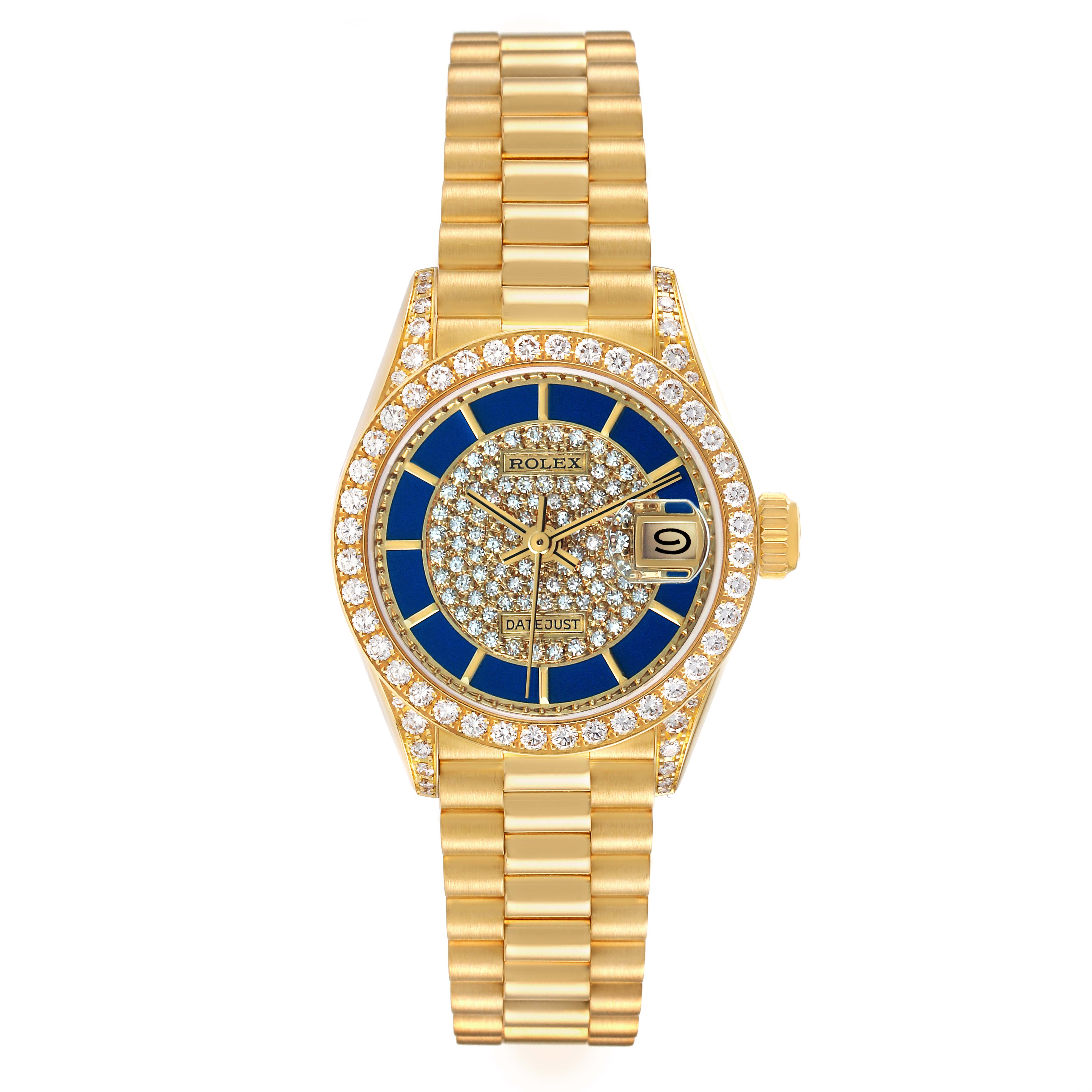 The Rolex President 69158 Women's Yellow Gold Champagne Dial model is shown from above, displaying the bracelet, diamond bezel, and detailed watch face.
