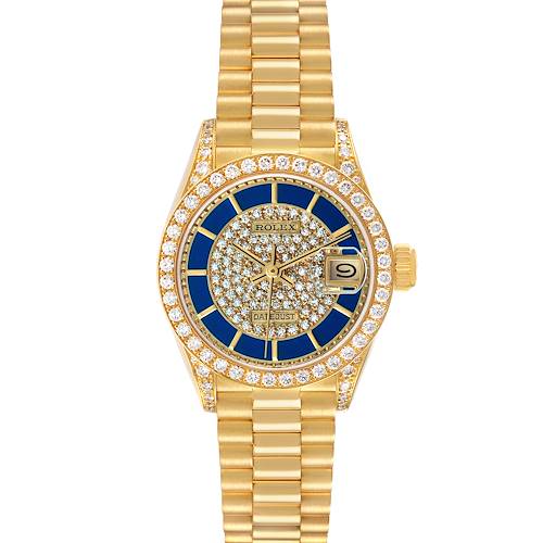 The Rolex President 69158 Women's Yellow Gold Champagne Dial watch is shown from the front, displaying its gold bracelet, diamond-encrusted bezel, and dial with a date window.