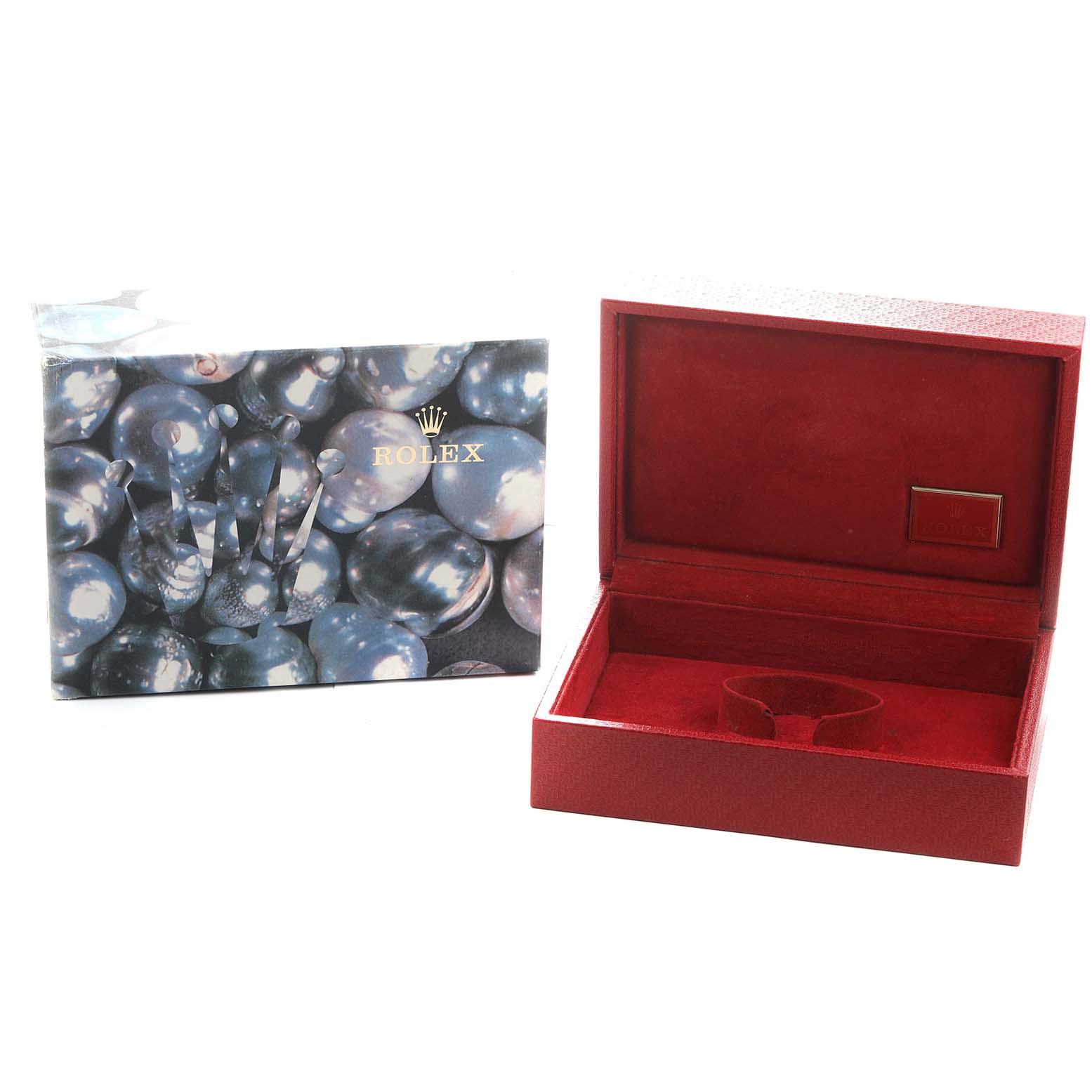 The image shows an open red Rolex watch box for a President model and its exterior packaging.