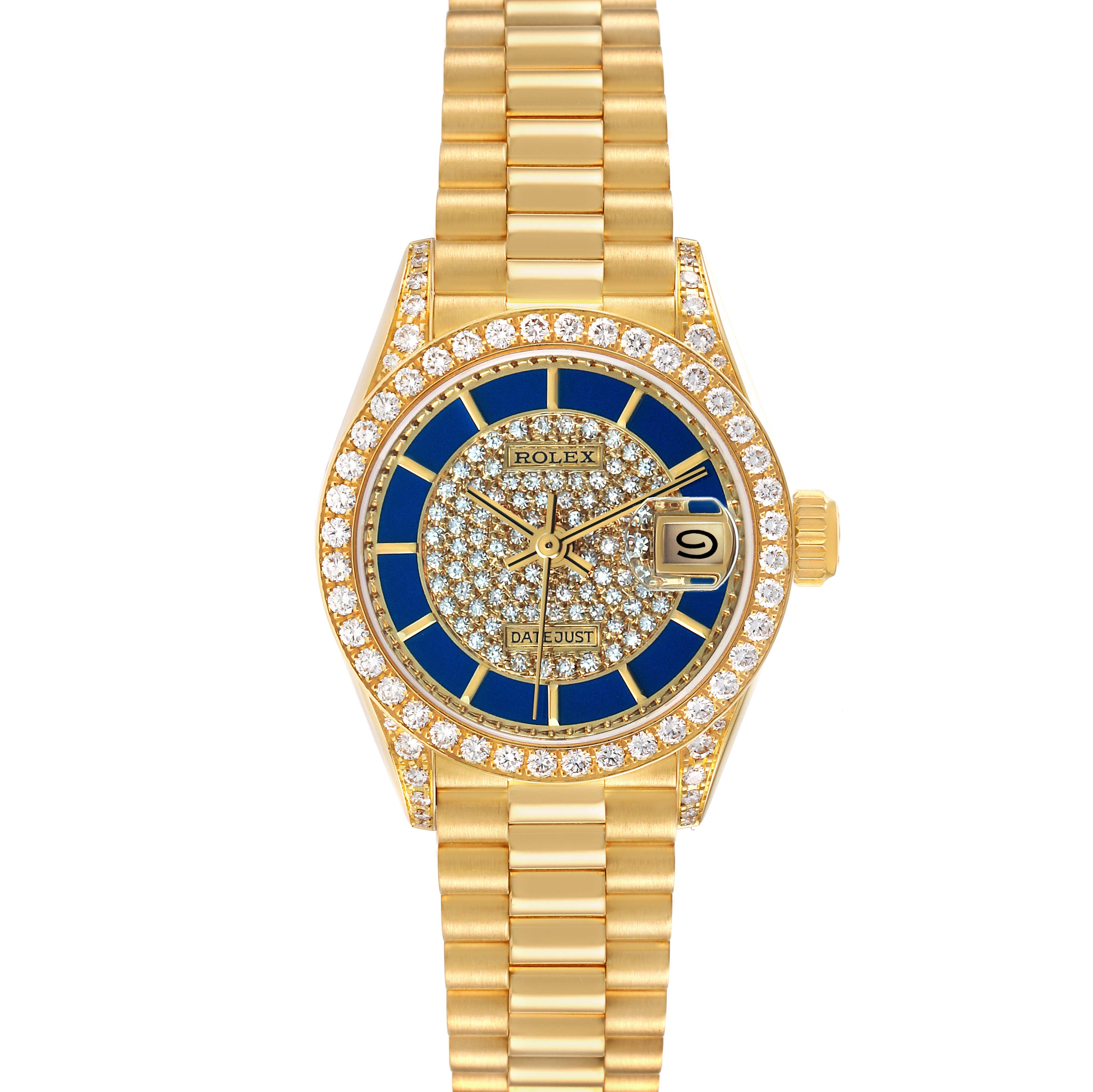 The Rolex President 69158 Women's Yellow Gold Champagne Dial model watch is shown from a top view, highlighting its gold bracelet, diamond-encrusted bezel, and dial.