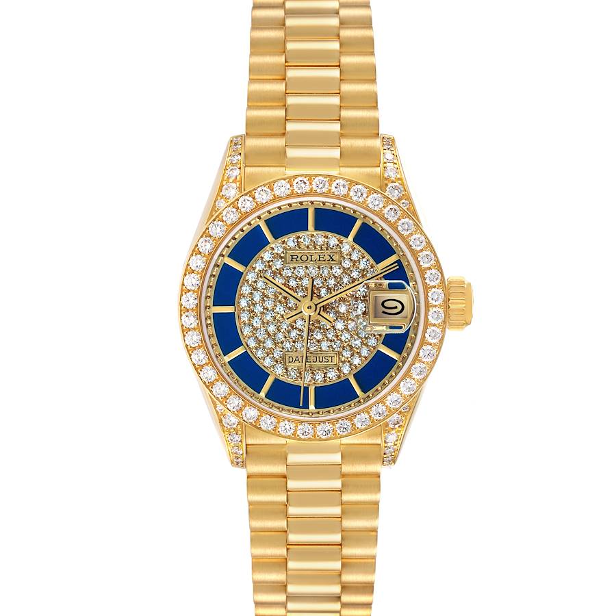 The Rolex President 69158 Women's Yellow Gold Champagne Dial model watch is shown from a top view, highlighting its gold bracelet, diamond-encrusted bezel, and dial.