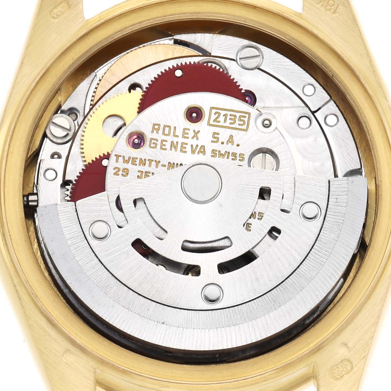 The image shows the internal movement of a Rolex President 69158 Women's Yellow Gold Champagne Dial model watch from a top-down angle.