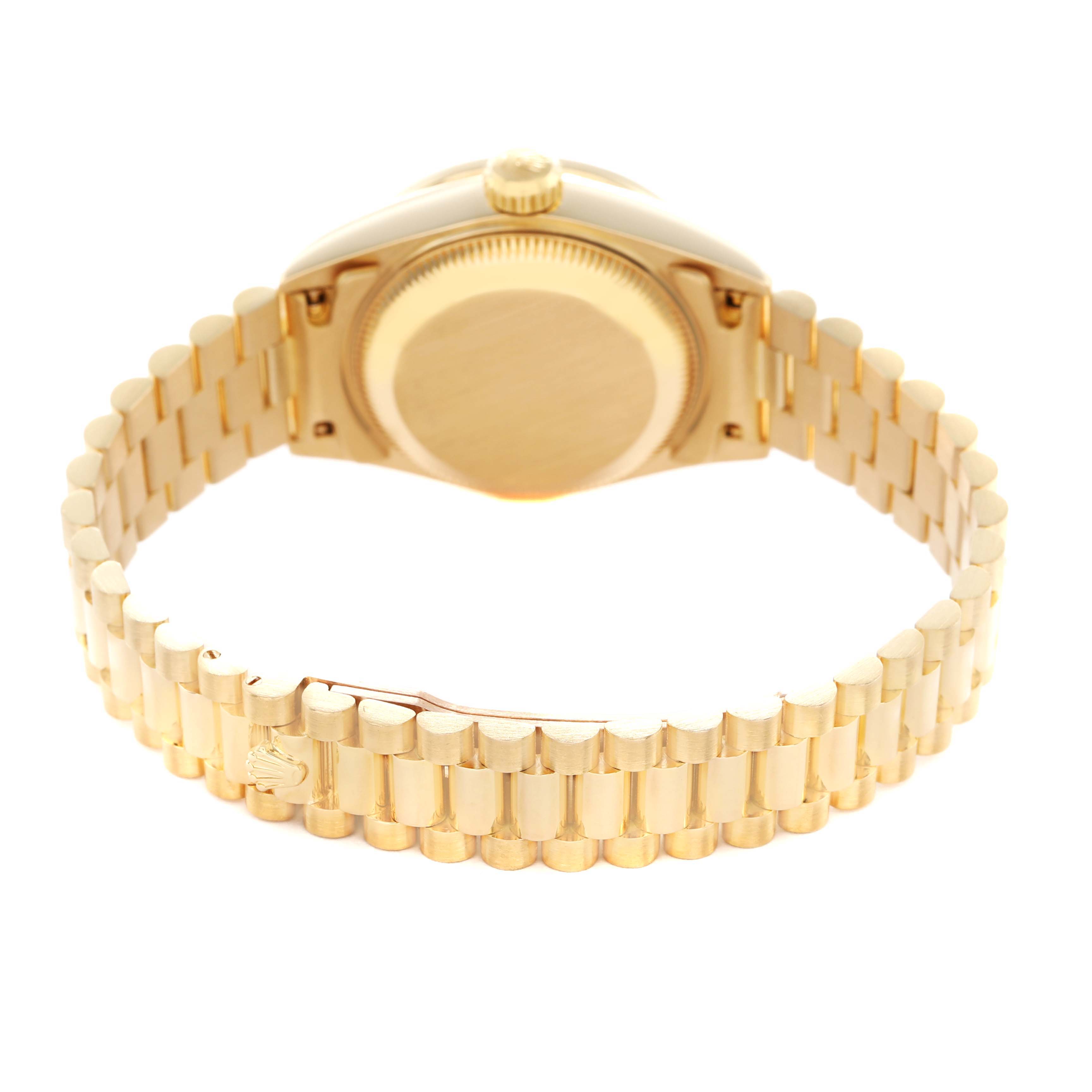 The Rolex President 69158 Women's Yellow Gold Champagne Dial model is shown from the back, highlighting the bracelet and case back.