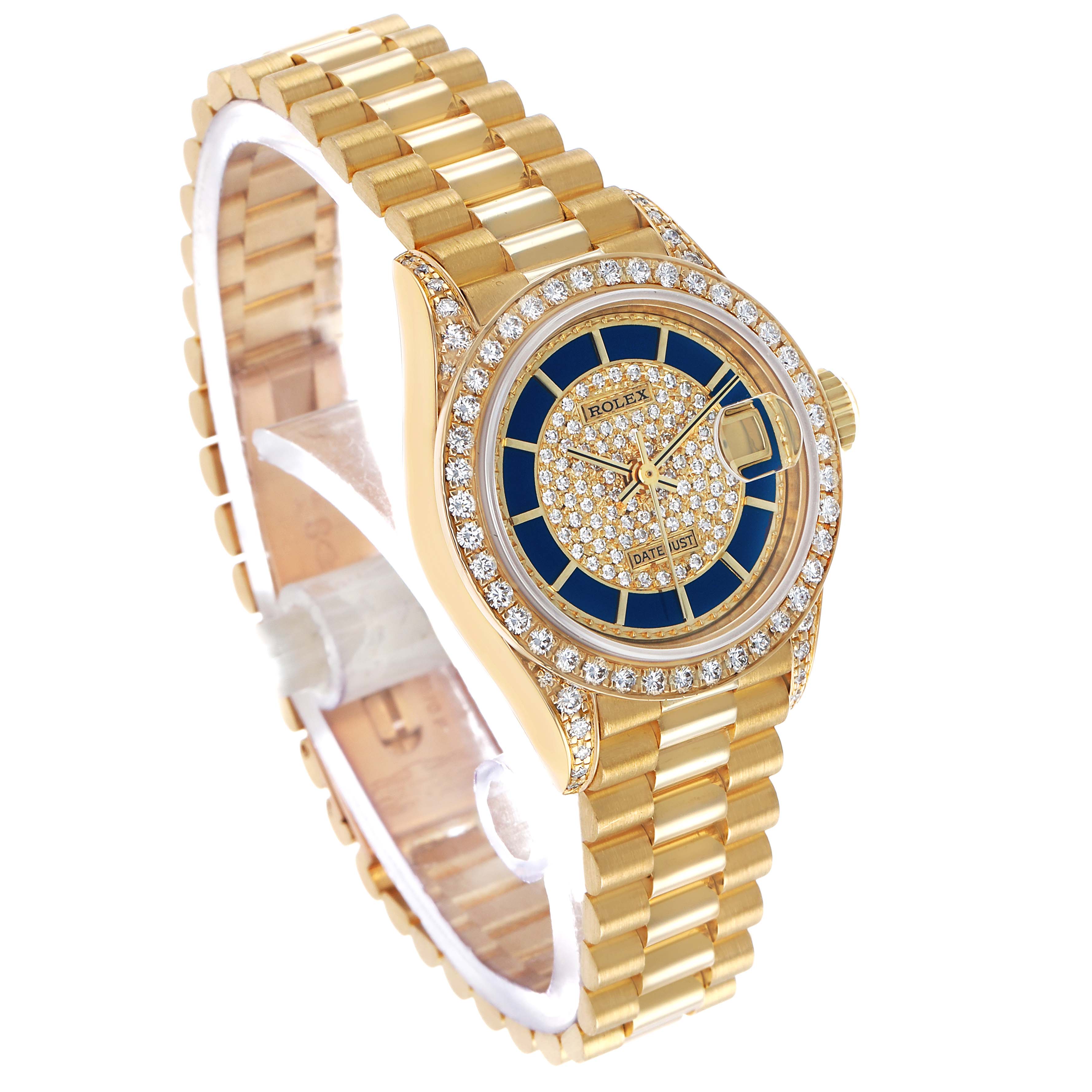 The Rolex President 69158 Women's Yellow Gold Champagne Dial watch is shown at a three-quarter angle, highlighting the bracelet, diamond bezel, and dial details.