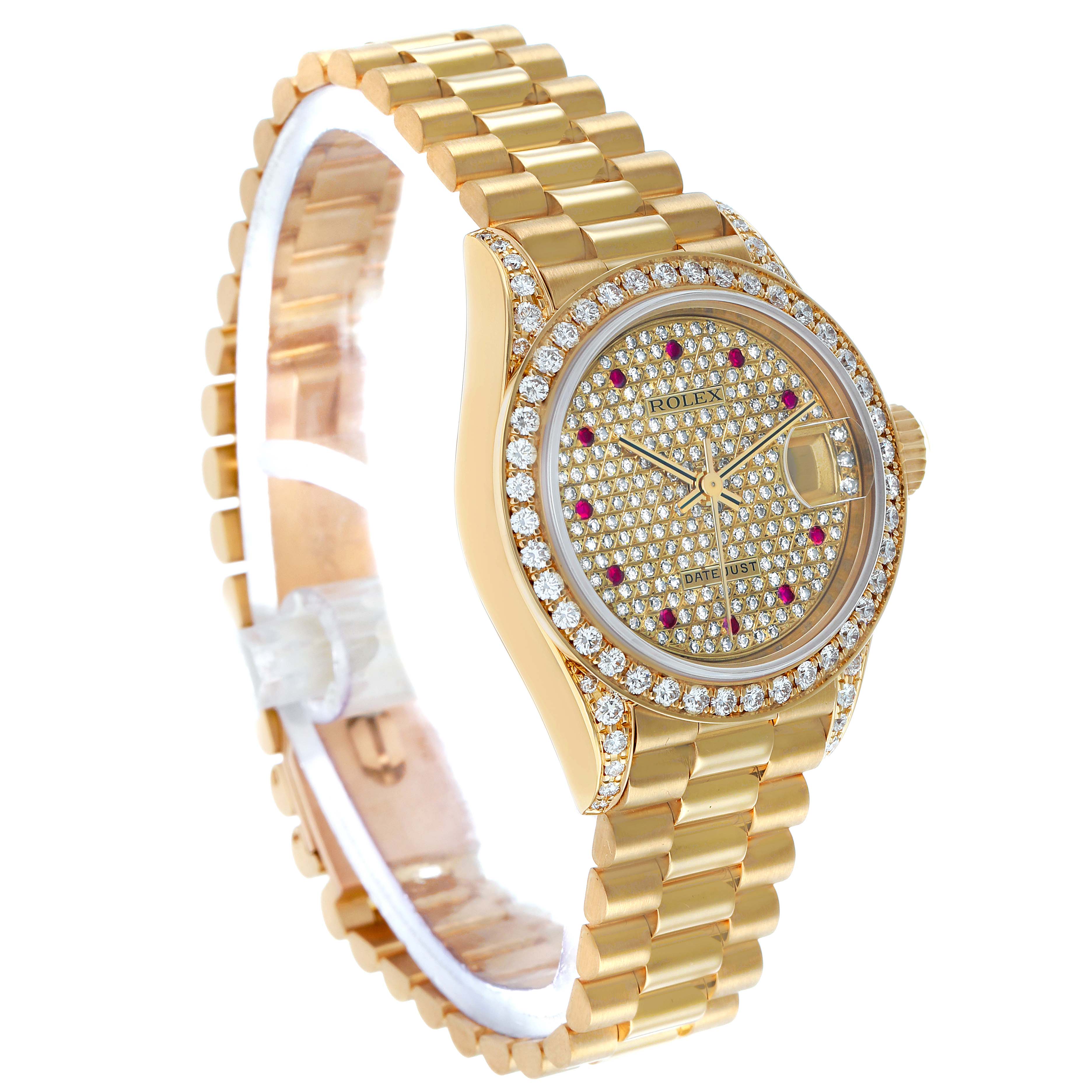 The Rolex President 69158 Women's Yellow Gold Champagne Dial model watch is shown from a side angle, highlighting its diamond-encrusted bezel and gold bracelet.