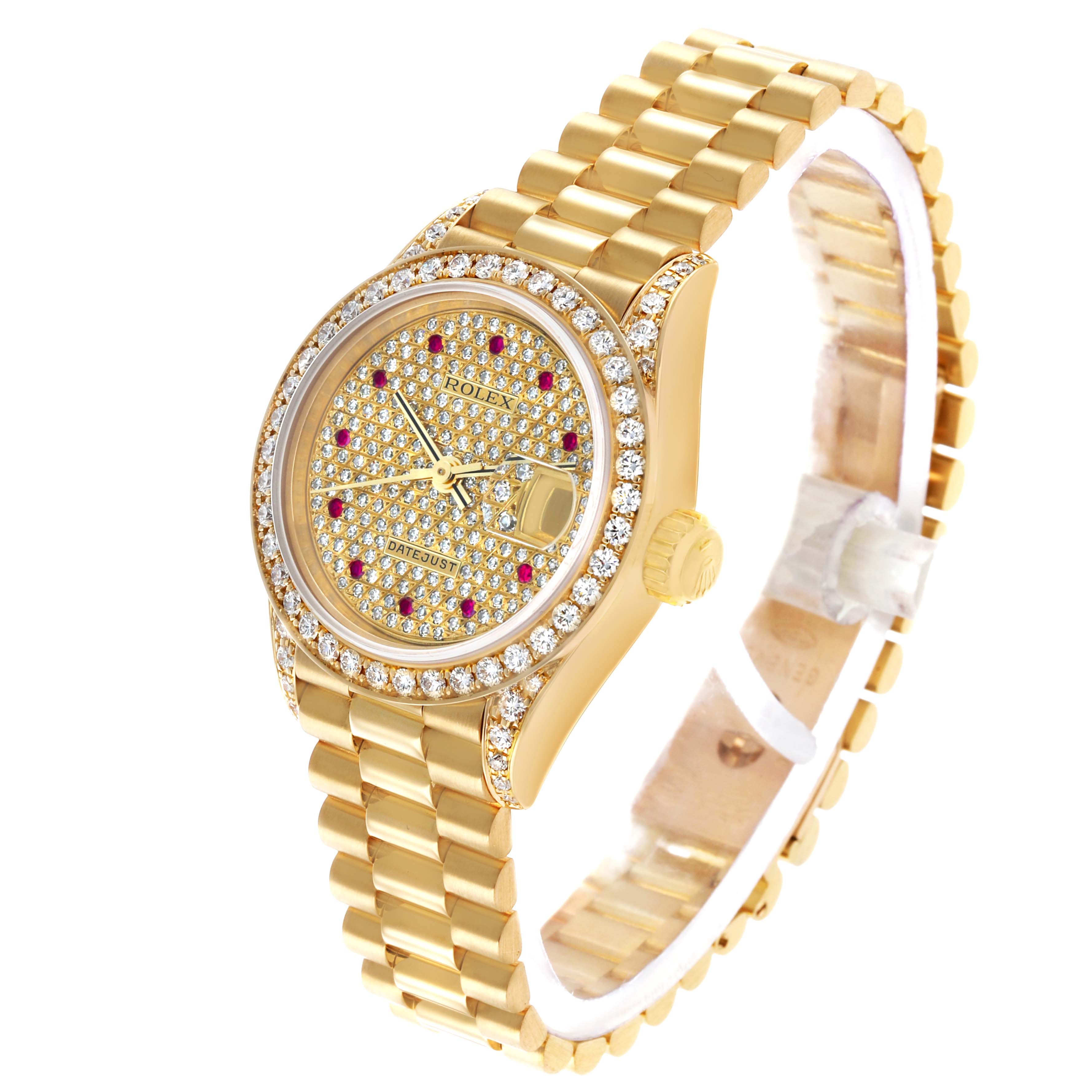 The Rolex President 69158 Women's Yellow Gold Champagne Dial model watch is shown at a three-quarter angle, highlighting the bracelet, case, bezel, and dial.